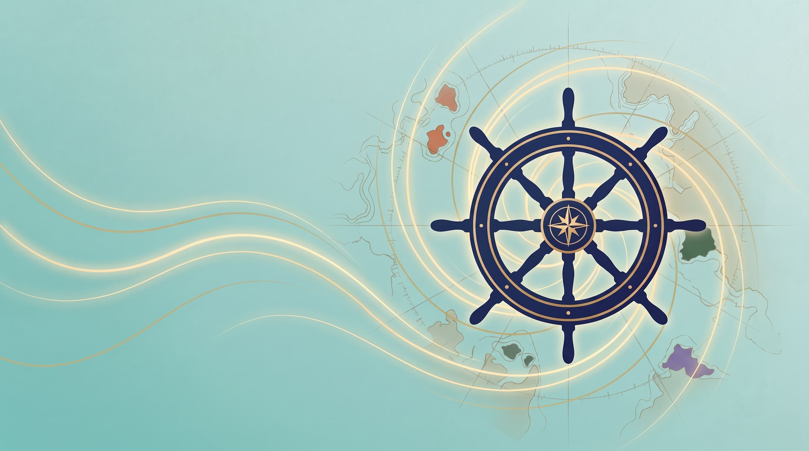 A flat-vector illustration on a soft seafoam-teal field: a deep navy ship's wheel at center-right with a thin golden rim and a small golden compass rose at its hub, ringed by concentric golden current lines that unwind and sweep left across the full width of the frame, over a faint antique nautical chart of coastline contours, depth contours, and thin grid lines dotted with small islands in terracotta, cypress green, and muted violet.