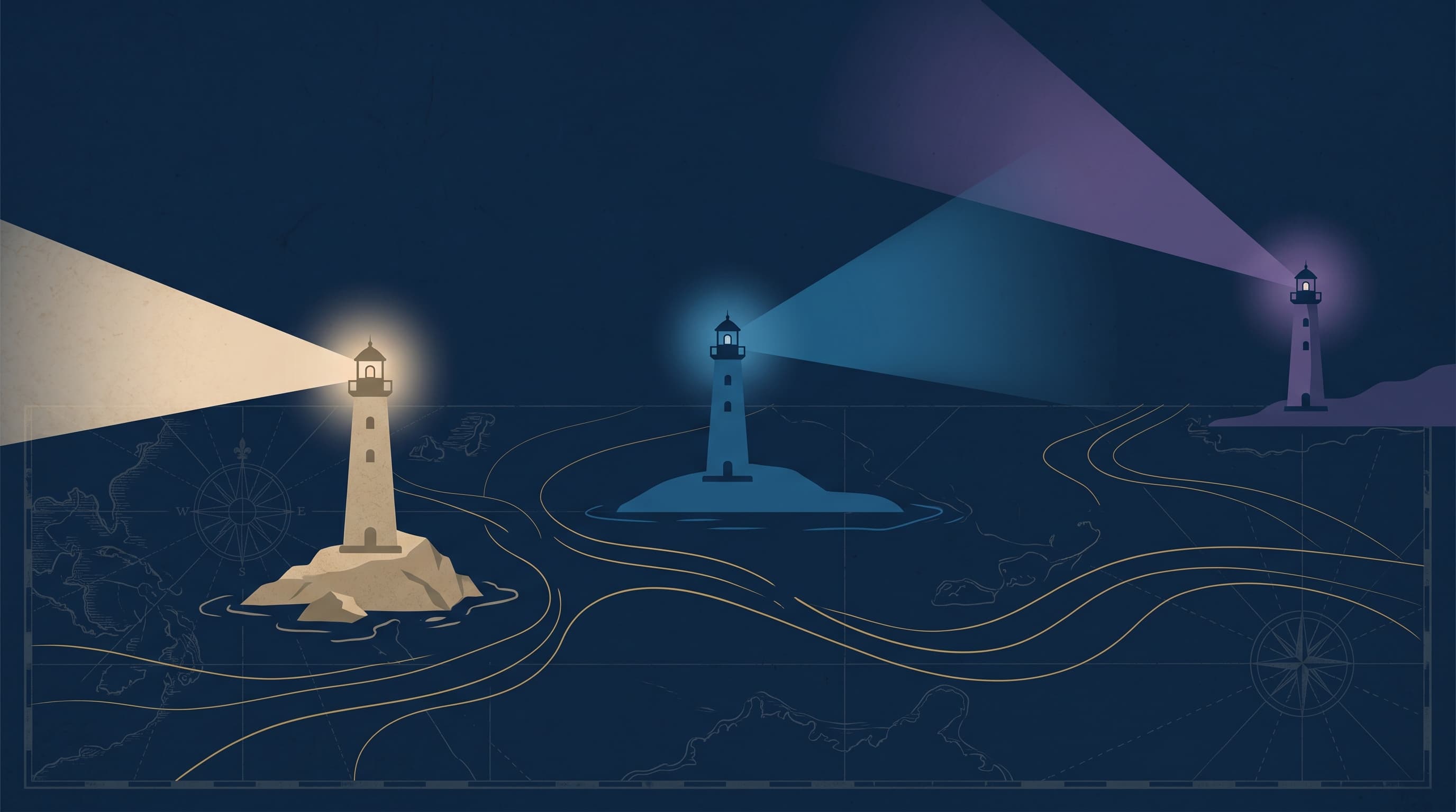 A flat-vector illustration of three separate lighthouses on a deep navy chart, each casting its own isolated beam, with faint golden current lines failing to connect them.