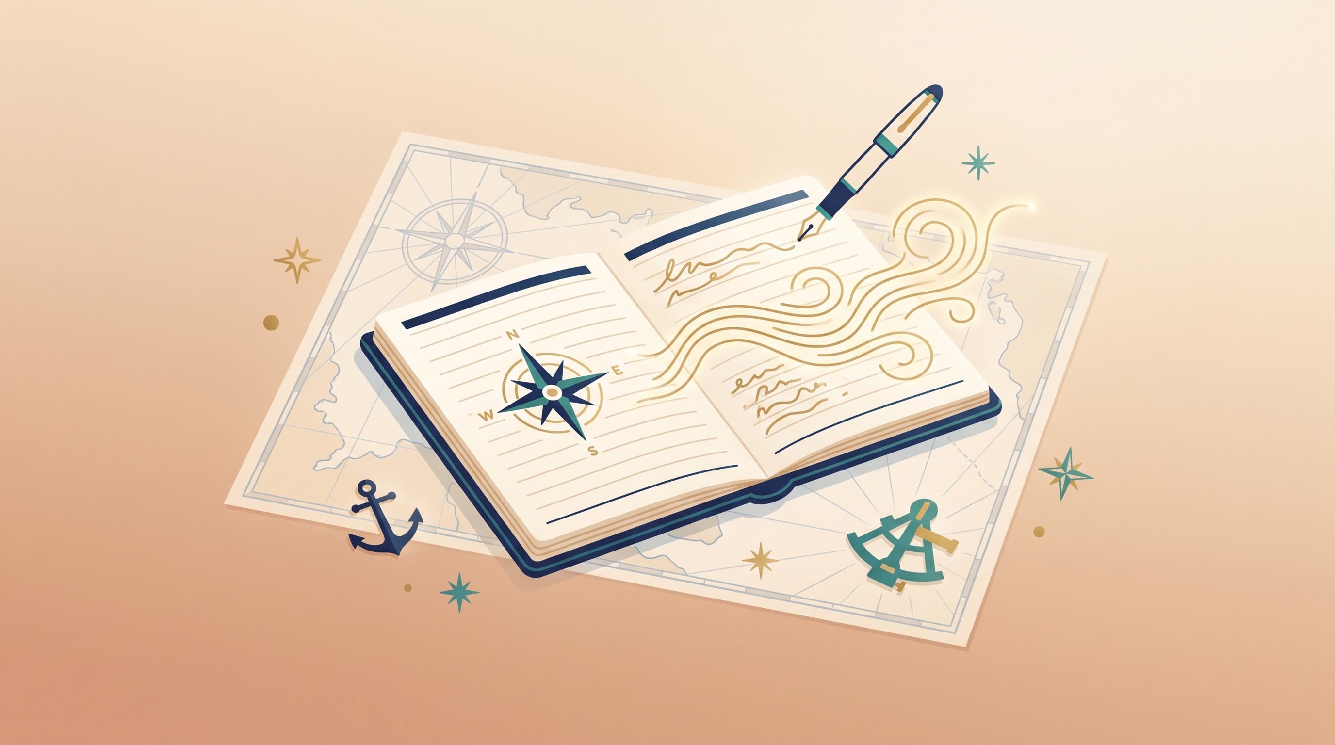 A flat-vector illustration of an open navigator's logbook on an antique nautical chart, its lines being filled in by flowing golden current lines, on a warm sand and soft-terracotta field.
