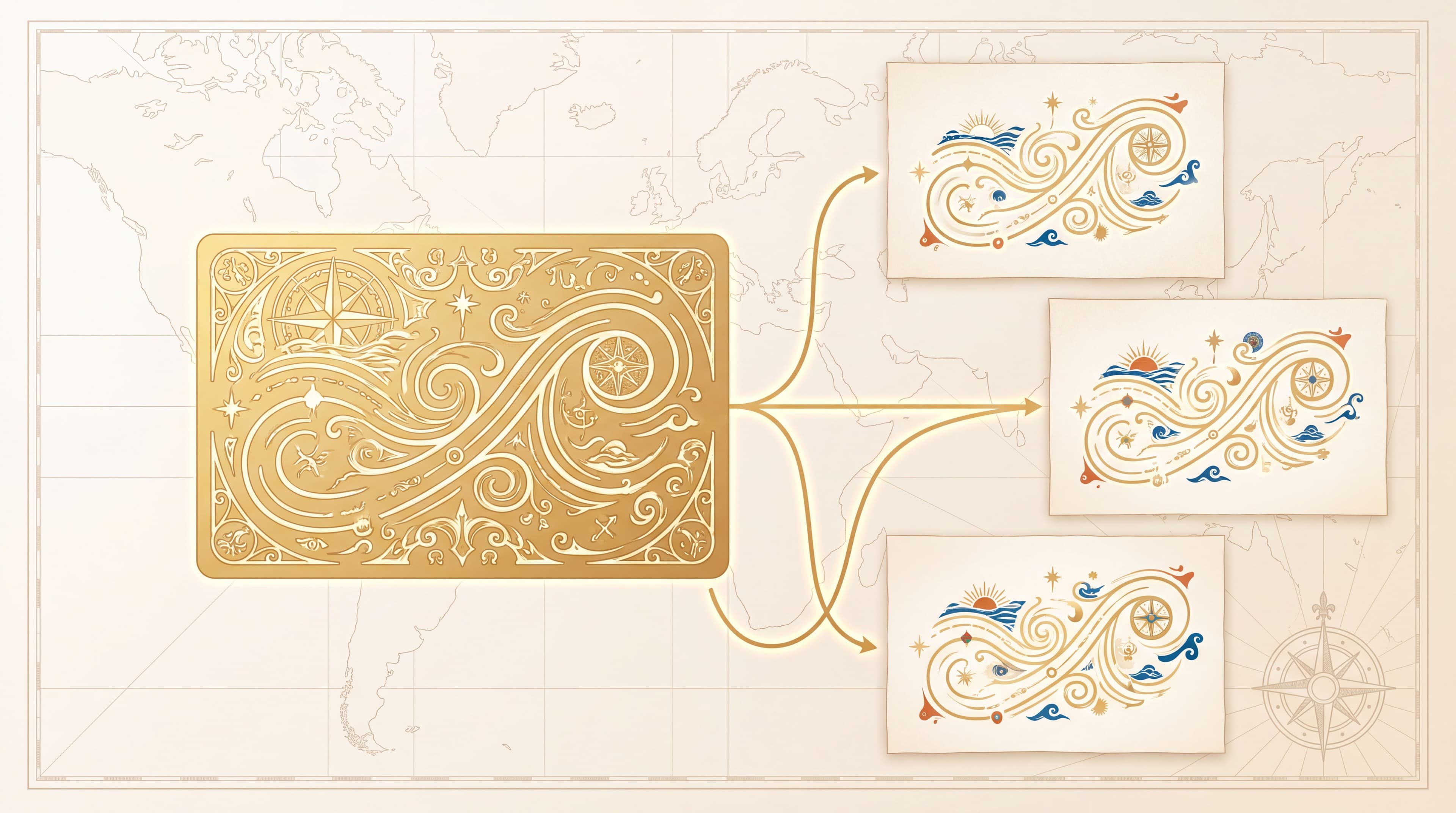 A flat-vector illustration of a single golden template plate laid over an antique nautical chart, tracing the same golden route onto three smaller blank charts beside it, on a parchment-cream field with terracotta and azulejos-blue accents.