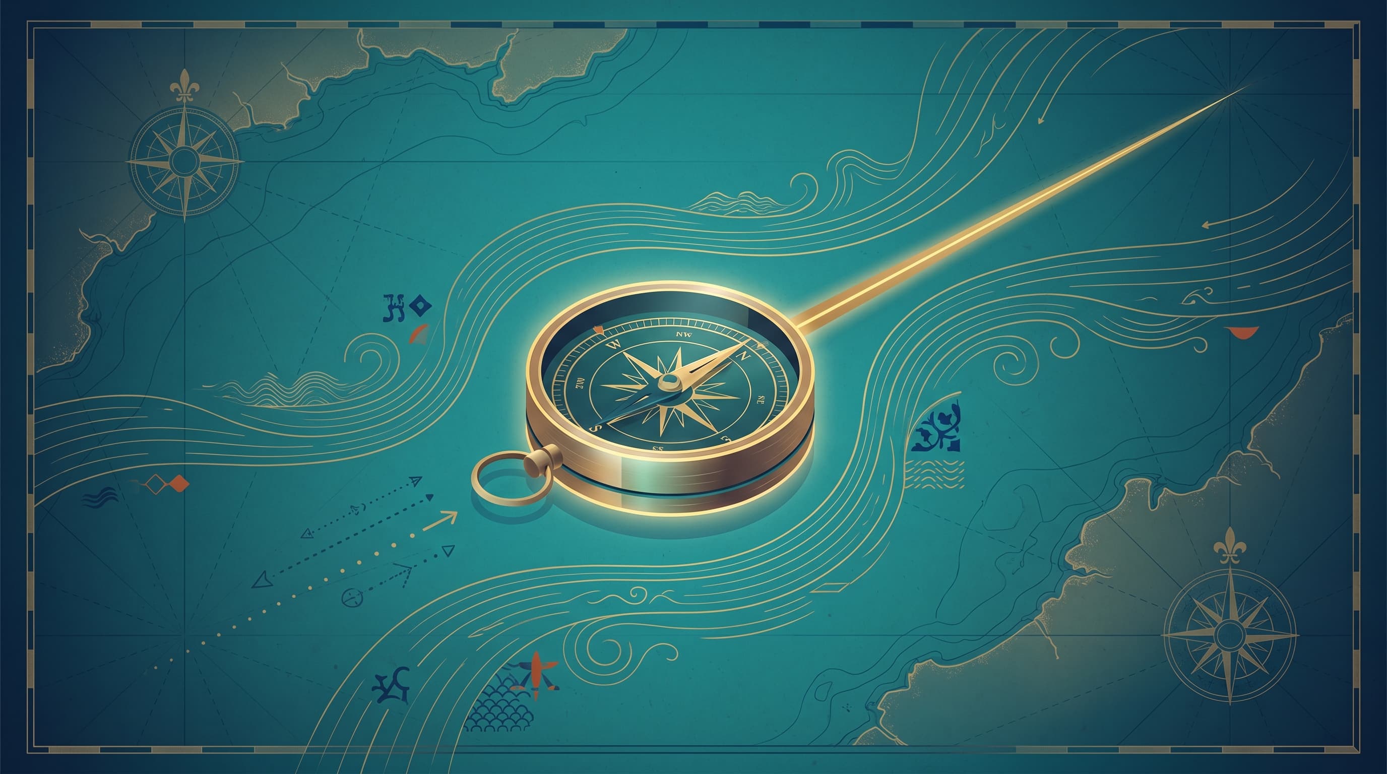 A flat-vector illustration of a brass navigator's compass setting a bearing over an antique nautical chart, a single golden heading-line extending ahead while faint instruction notes wait off to the side, on a deep teal field with azulejos-blue and ochre accents.