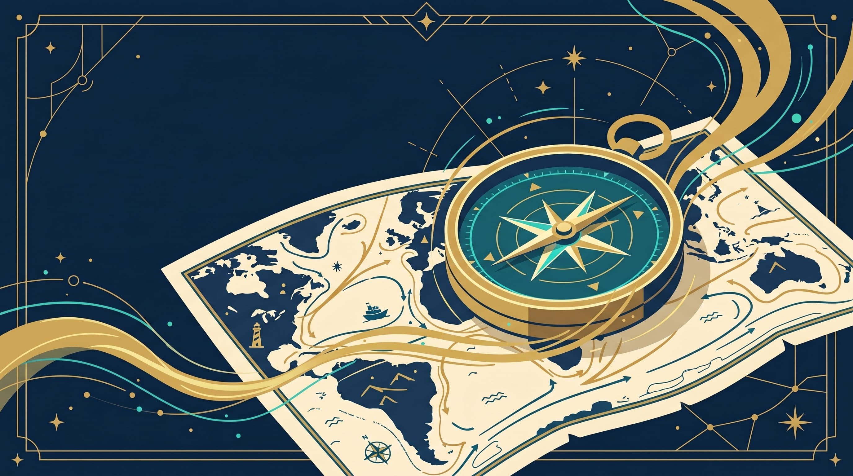 A flat-vector illustration of a glowing compass on an antique world map, with golden current lines flowing across a deep navy field.