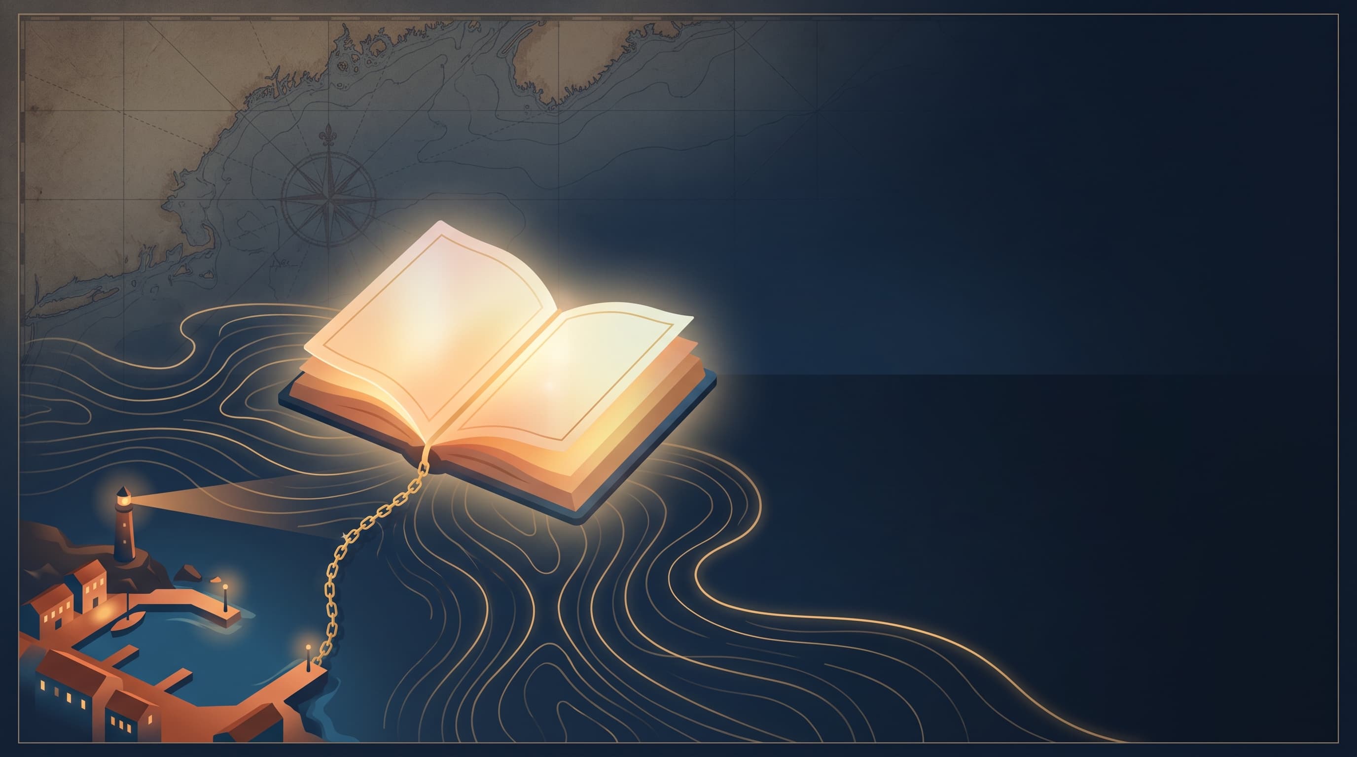 A flat-vector illustration of a glowing ship's logbook tethered by a golden chain to a single lit harbor on a deep navy chart, while the open sea beyond stays dark, with faint golden current lines.