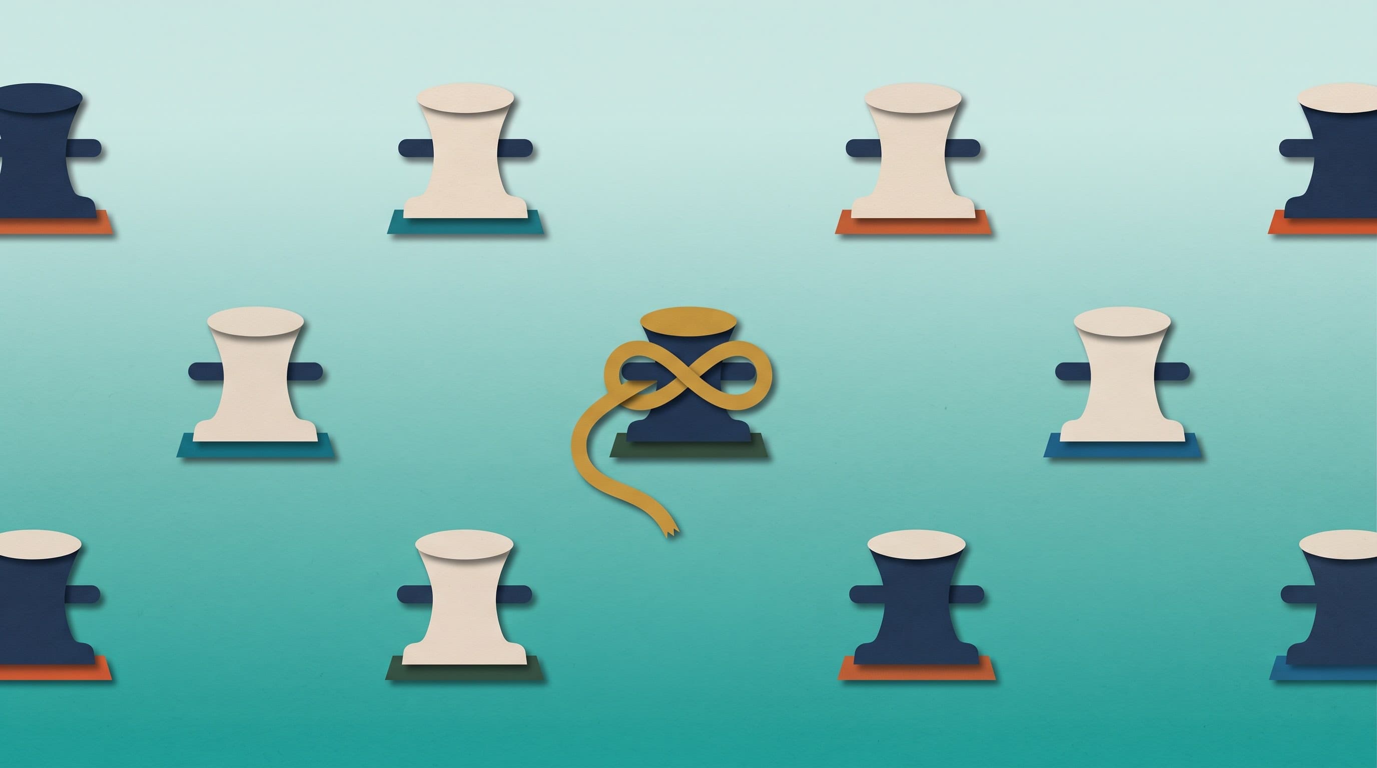 A layered cut-paper collage on a seafoam teal paper field that shades from pale at the top to deeper teal at the bottom: nine mooring bollards cut from paper stand in a loose grid, most of them in sand or deep navy with a navy cross-bar and a small terracotta, ocean-blue, or cypress-green base, and all of those stand bare. One bollard near the center is deep navy with a golden cap, and a single continuous rope of golden paper is looped around it in a figure-eight knot with one cut end trailing down onto the field. Every shape shows paper grain and casts a soft short shadow on the background.