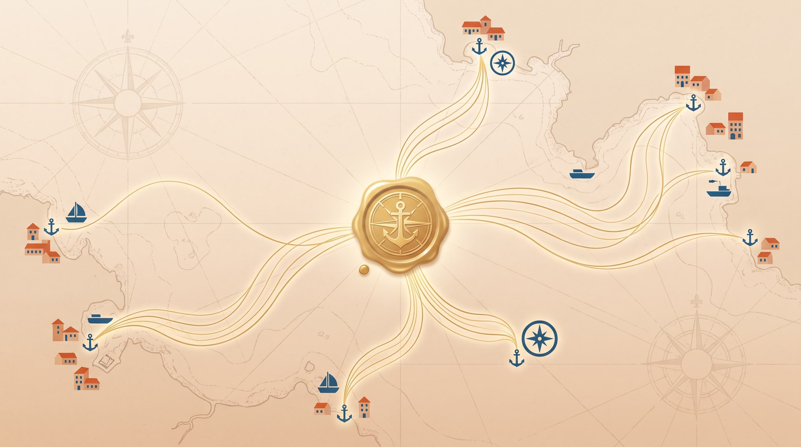 A flat-vector illustration of a single luminous golden seal pressed into a warm-sand antique sea chart, its imprint radiating as golden current lines out to several small distant harbors, with terracotta and ocean-blue accents.