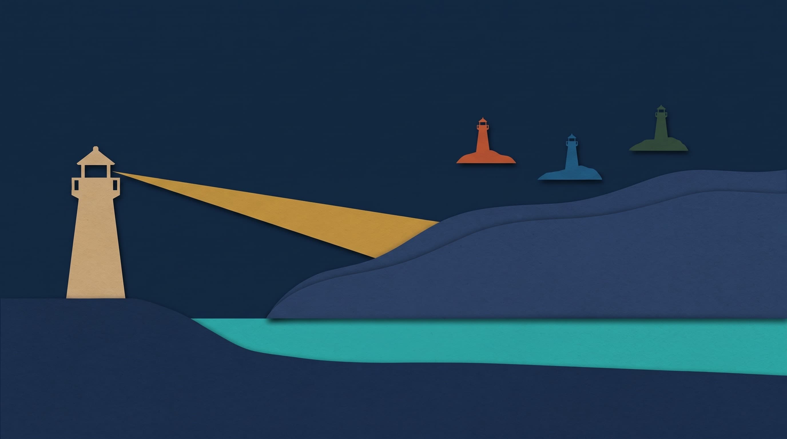 A layered cut-paper collage on a deep navy field: a tall sand-colored paper lighthouse stands on a navy headland at the left, casting one clean wedge of golden paper across the frame that stops where it meets a long navy paper ridge rising from the lower right; a calm teal band of water runs along the bottom, and three small unlit paper lighthouses in terracotta, ocean blue, and cypress green sit far beyond the ridge, each on its own little island, separate and dark. Every shape shows paper grain and casts a soft short shadow on the layer beneath.