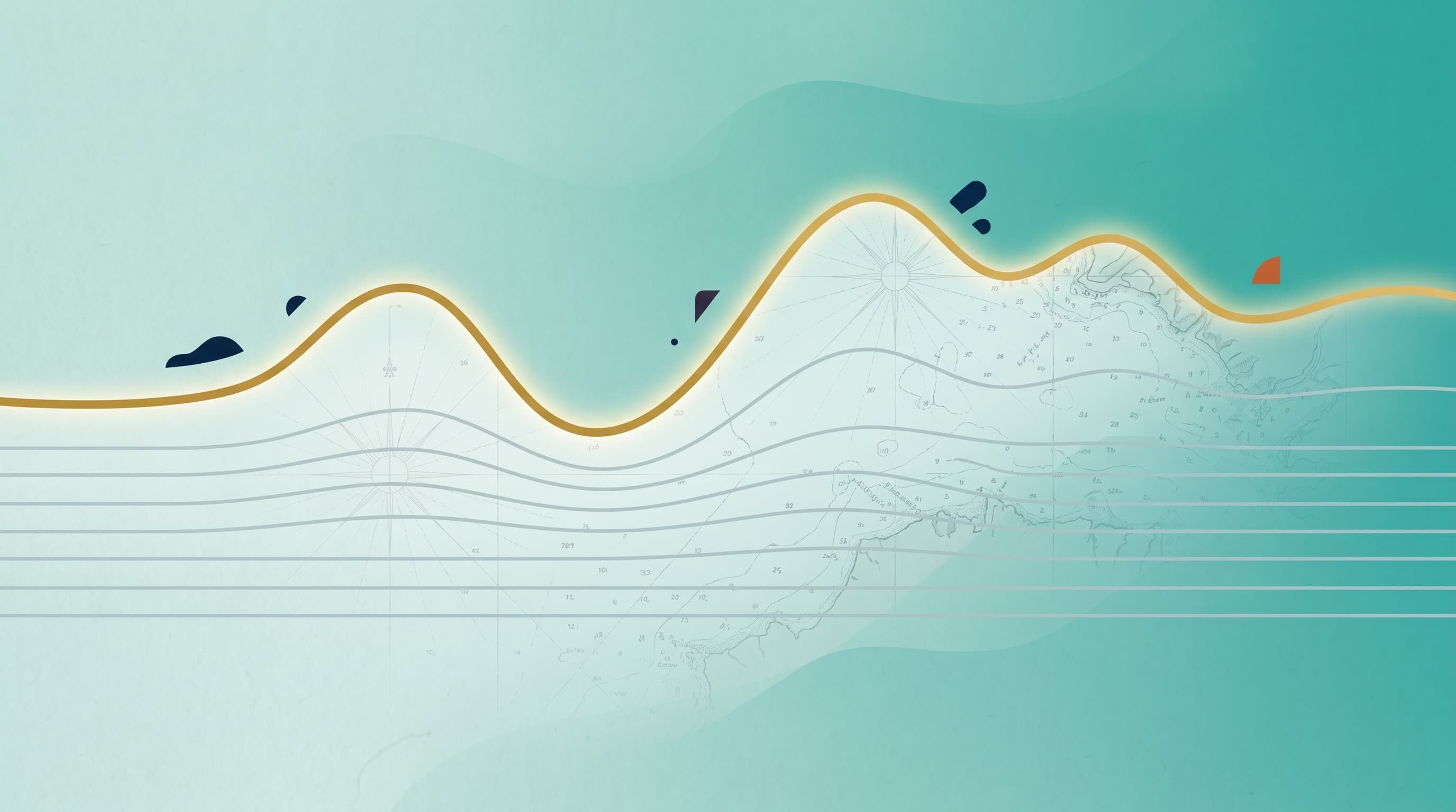 A flat-vector illustration of one distinctive golden waveform flowing across an antique nautical chart, standing out among several faint, uniform grey signal lines, on a soft seafoam-teal field.