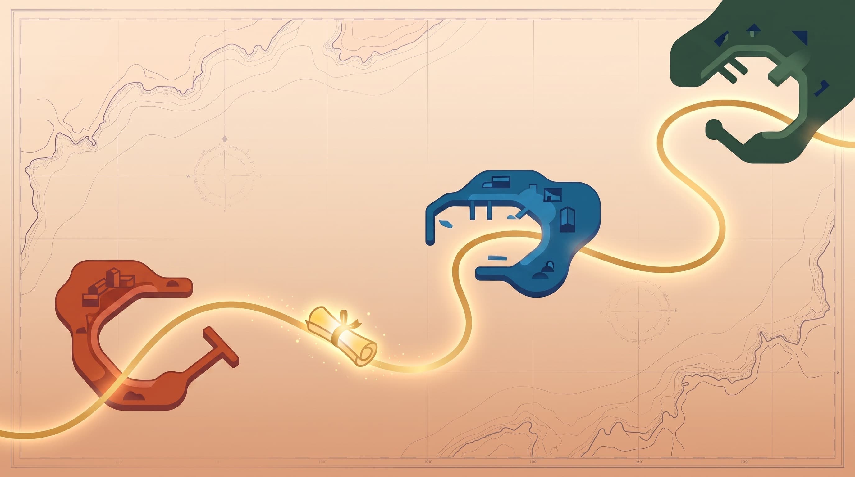 A flat-vector illustration on a warm sand field graduating to soft peach: a terracotta island harbor with a small jetty at lower left, a deep-blue island harbor with several jetties at center, and a dark cypress-green harbor entering from the upper-right corner, all three joined by a single continuous glowing golden current line that threads through them in sequence, with one luminous golden rolled chart travelling along the line between the terracotta and blue harbors, over a faint antique nautical chart of coastline contours, thin grid lines, and two pale compass roses.