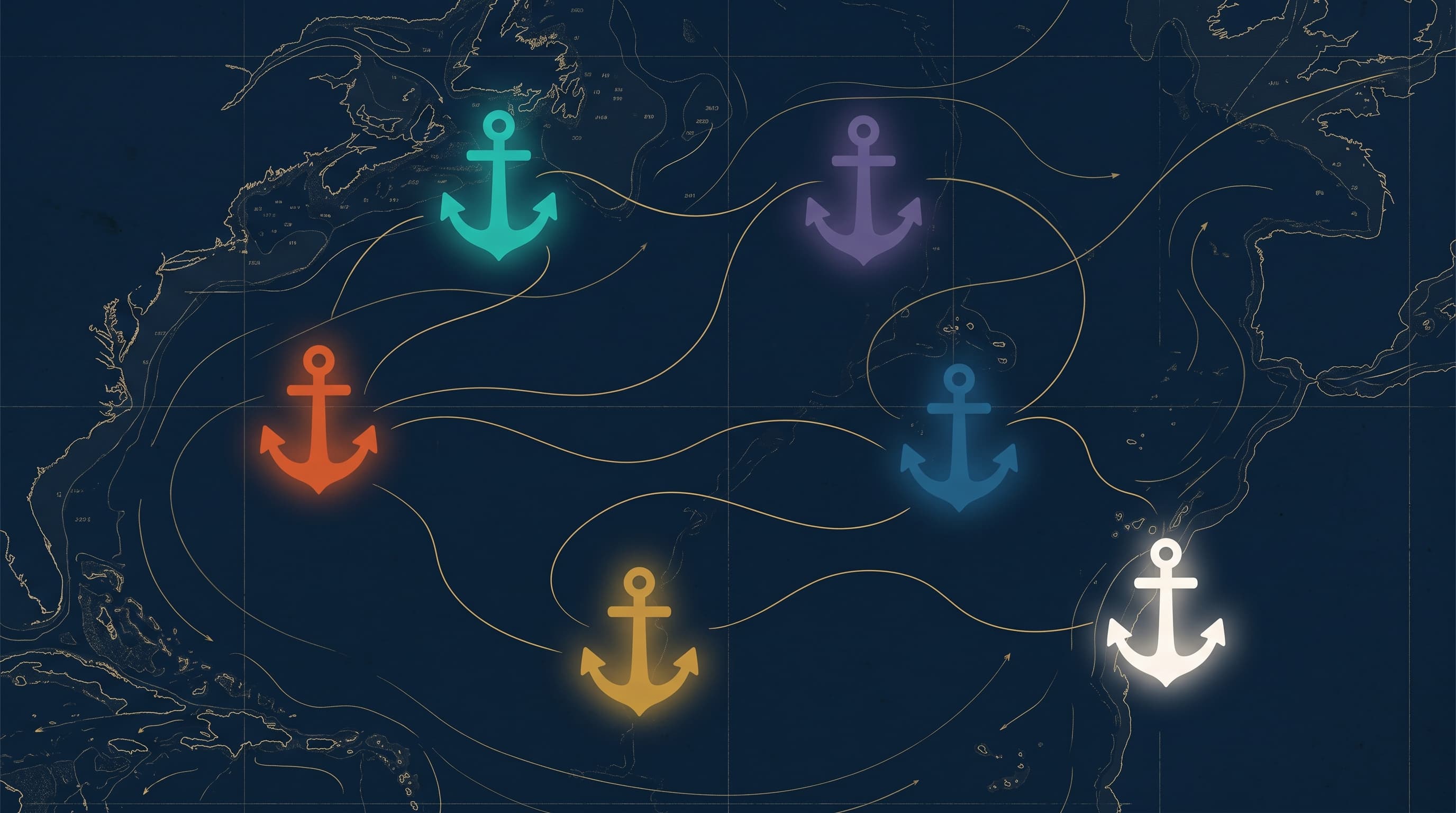 A flat-vector illustration of six glowing anchor symbols in jewel tones — terracotta, teal, gold, violet, and ocean blue — arranged in a constellation across a deep navy chart and linked by golden current lines.