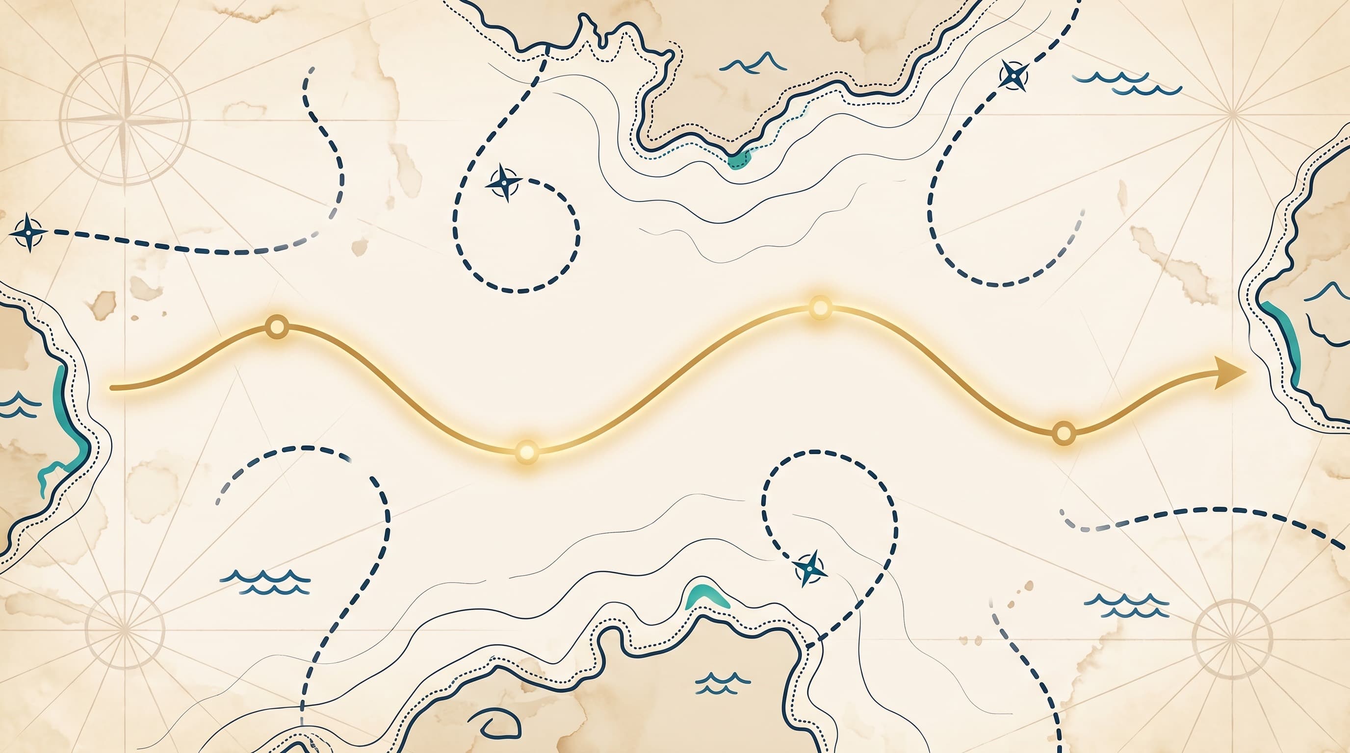A flat-vector illustration of several charted routes crossing an antique nautical map, where only one continuous golden current line completes the full crossing while the others stop short, on a deep navy field.