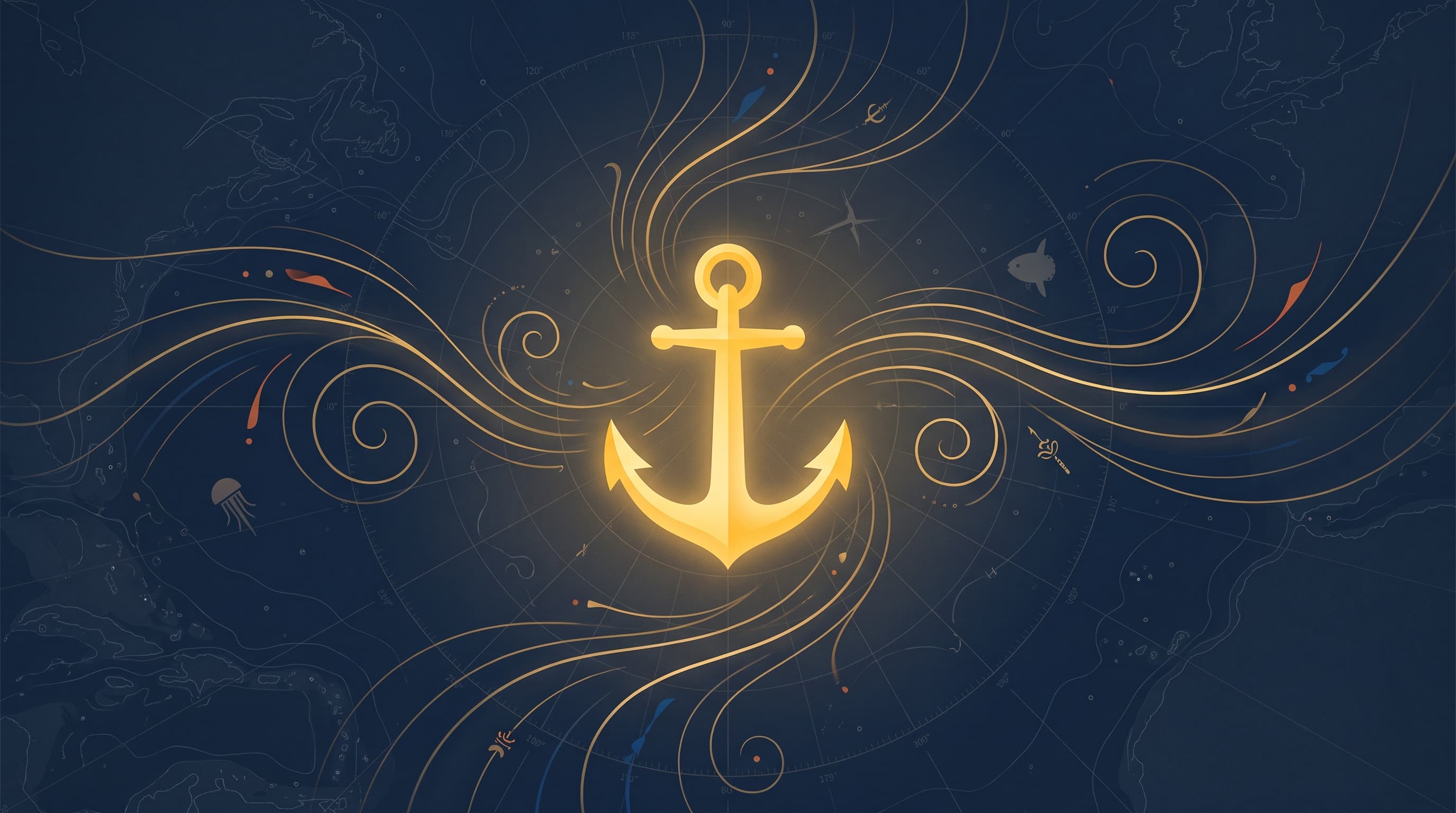 A flat-vector illustration of a single luminous golden anchor set into an antique nautical chart, golden current lines radiating outward across a deep navy field.