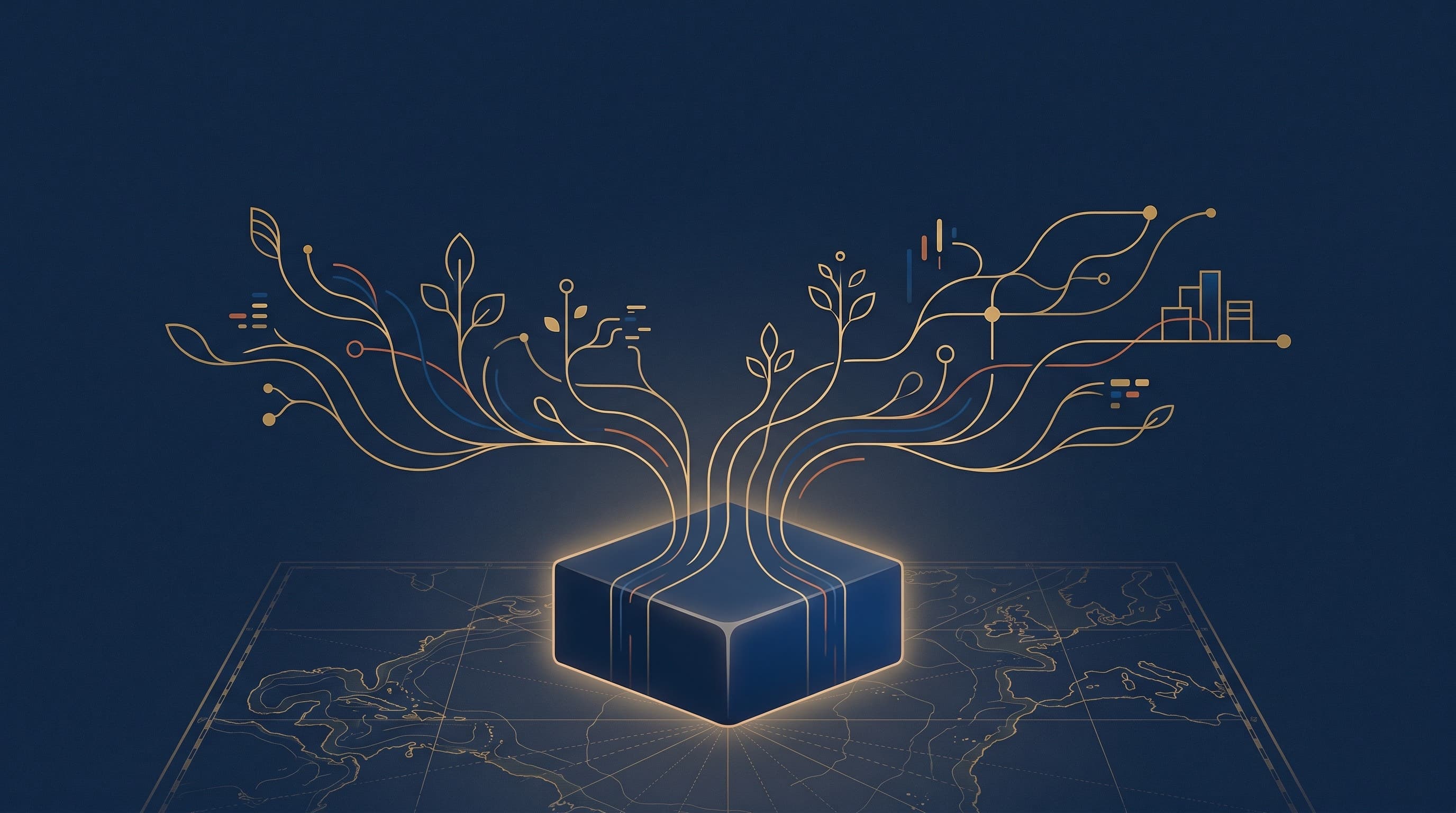A flat-vector illustration of a single luminous keystone anchored in an antique nautical chart, golden current lines radiating upward from it across a deep navy field.