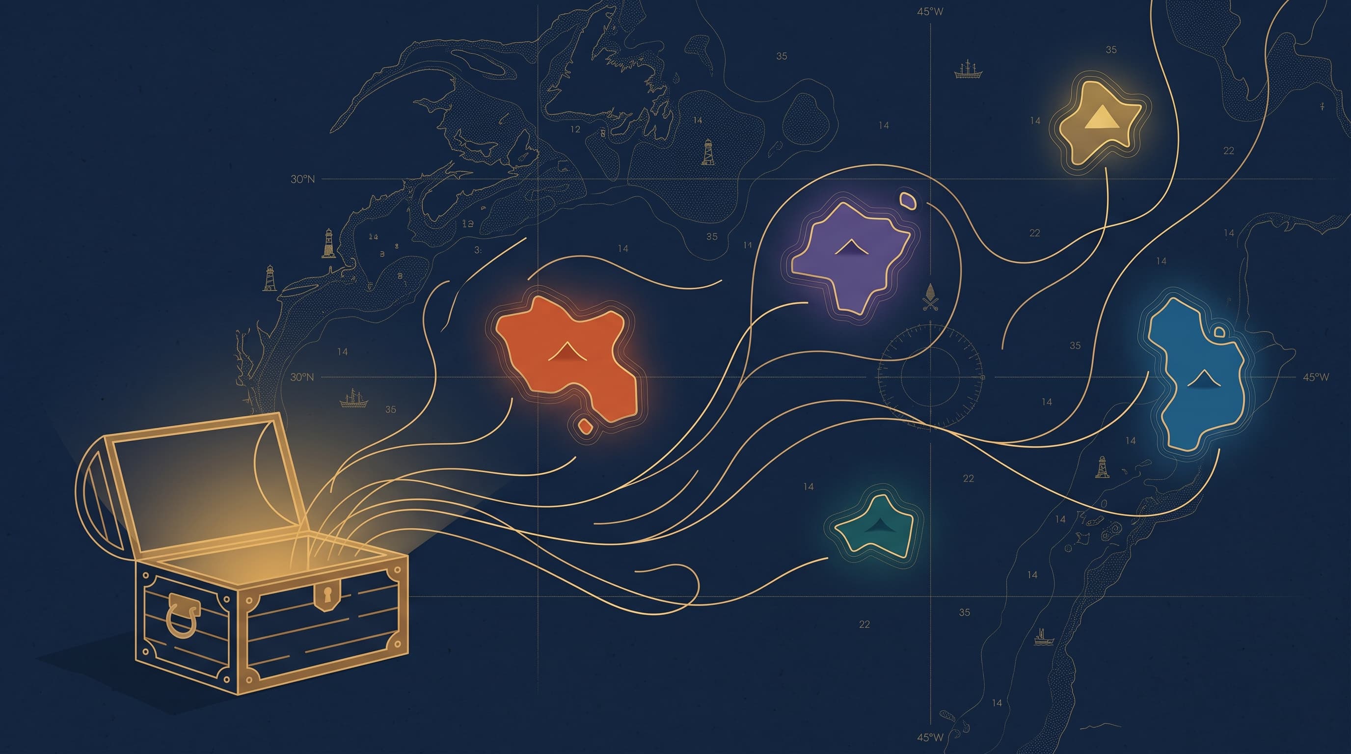 A flat-vector illustration on a deep navy field: an open sea chest glowing golden at lower left, with thin golden current lines flowing out of it to a scattered archipelago of five small glowing islands in terracotta, violet, ocean blue, teal, and gold, across a faint antique nautical chart with coastline contours, depth soundings, tiny ships, and lighthouses.