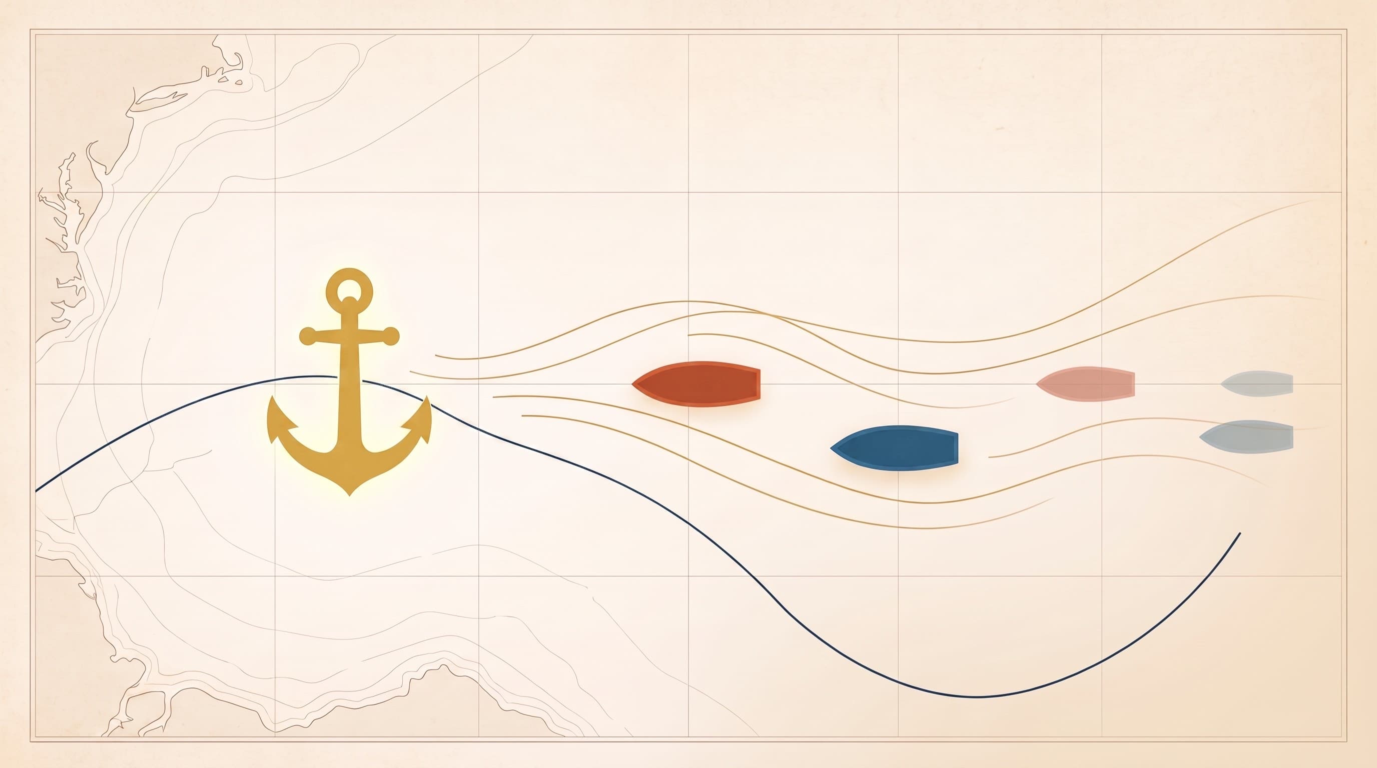 A flat-vector illustration on a warm parchment chart field: a solid golden anchor glowing at left, holding position on a thin deep-navy charted route line, while simple hull shapes in terracotta, ocean blue, and pale grey drift away to the right along thin golden current lines, each fainter than the one before, over faint coastline contours and grid lines.