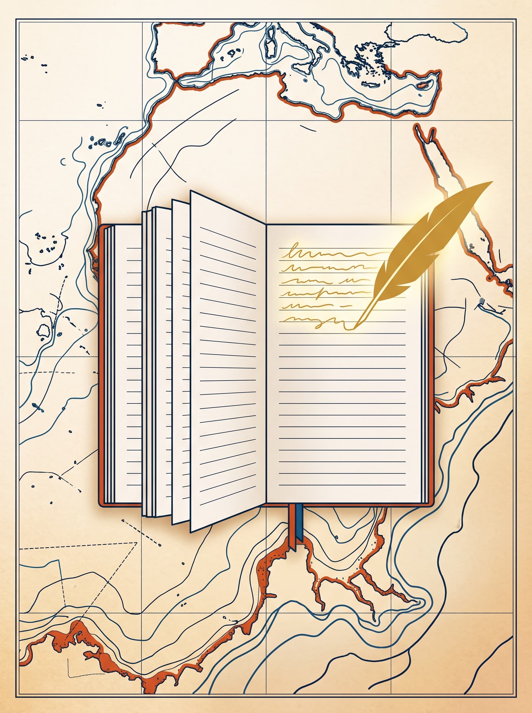 An open navigator's logbook on a nautical chart — a few lines filled in golden script by a glowing quill, the rest of the page still blank