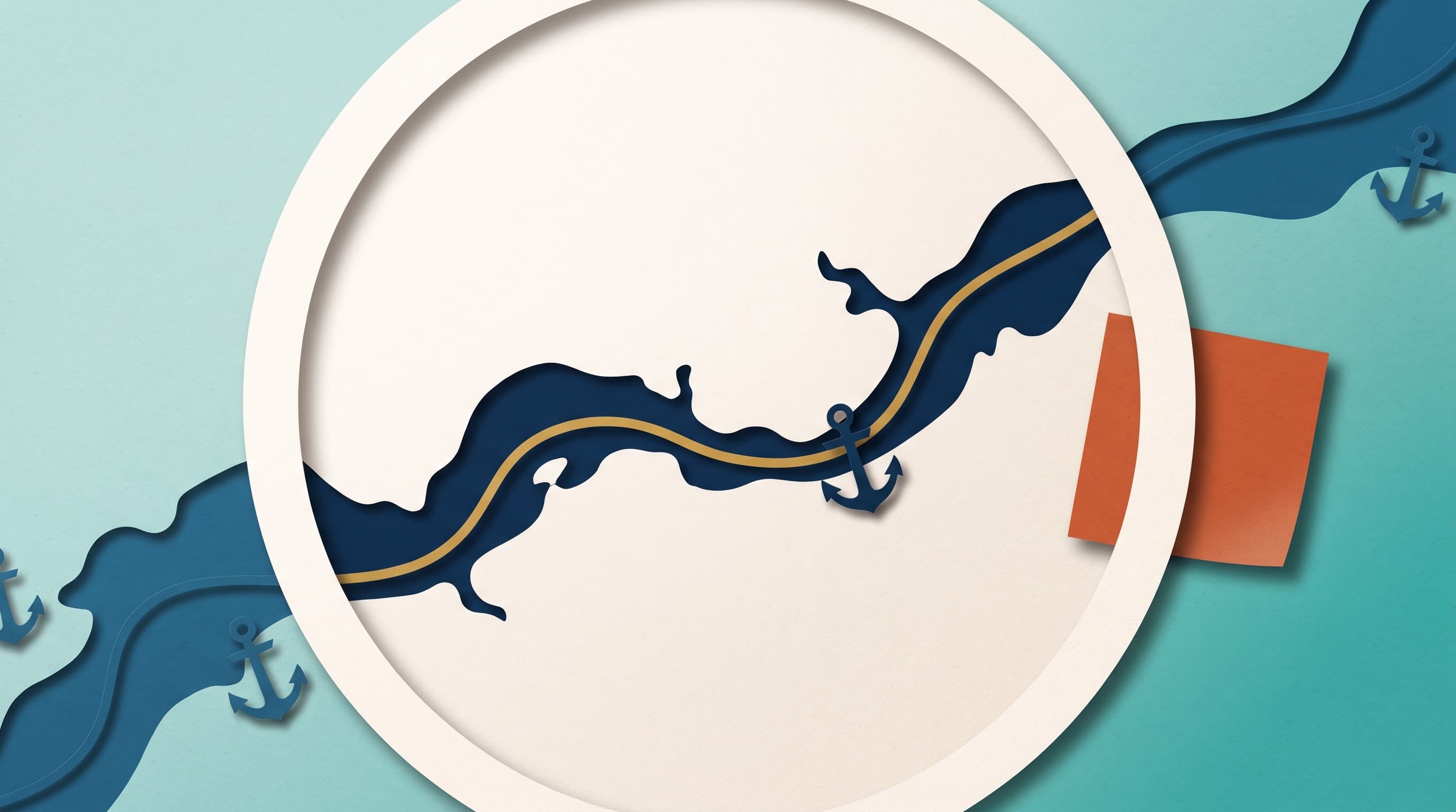 A layered cut-paper collage on a seafoam teal paper field: a large ring cut from pale sand paper sits left of centre, and inside its opening a deep navy paper coastline curves across with a slim golden paper ribbon running along its edge and one small navy paper anchor resting on the shore. Beyond the ring, ocean-blue paper coastlines continue into the corners and run off the frame, three small blue paper anchors scattered among them, and a single terracotta paper note card is tucked against the ring's right edge, half over it and half outside. Every shape shows paper grain and casts a soft short shadow on the layer beneath.