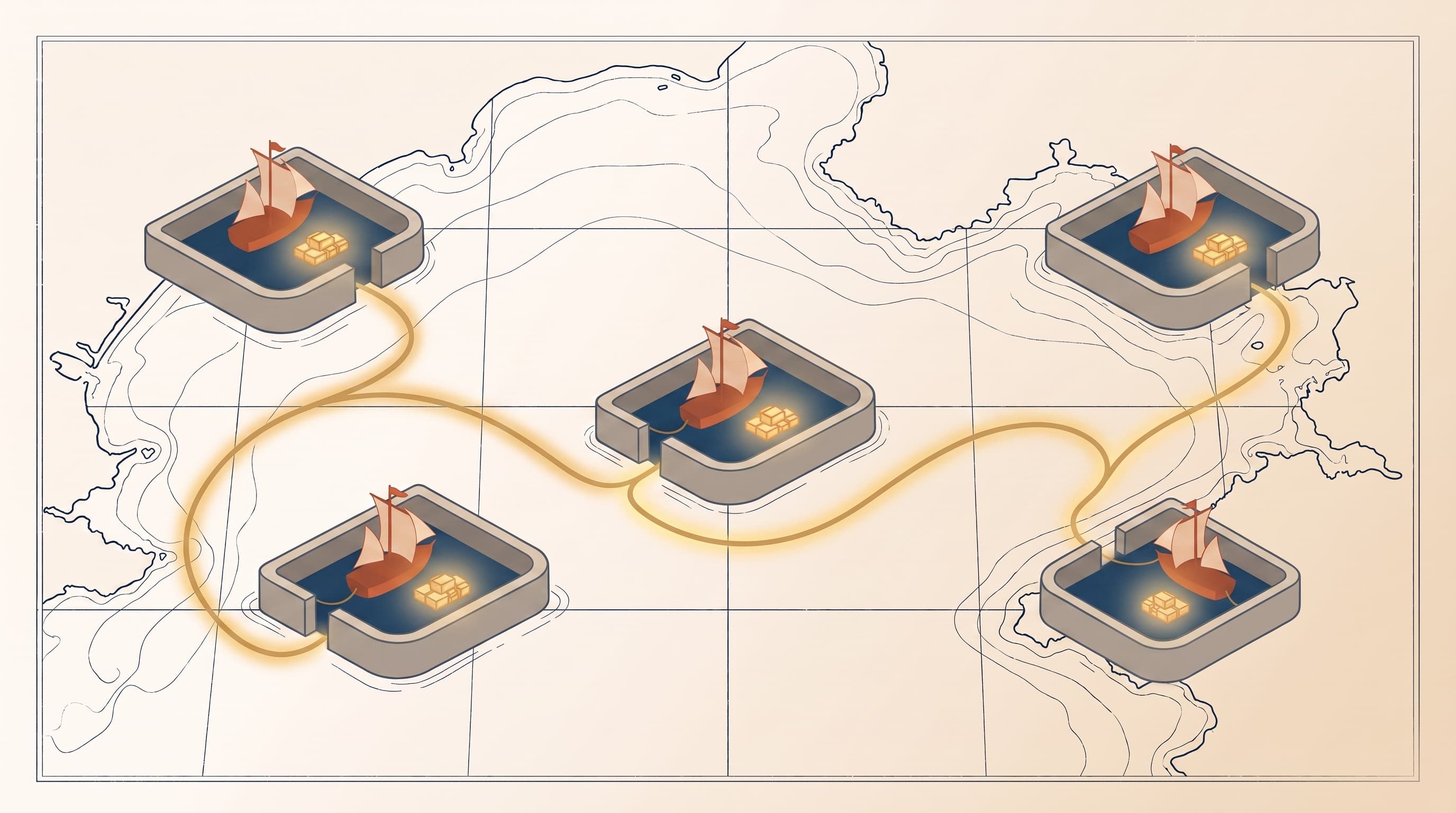 A flat-vector editorial illustration of five small ships, each moored inside its own separate walled stone harbor with a cluster of glowing golden cargo sealed inside, arranged across a faint antique nautical chart on a warm parchment field, with a single luminous golden current line threading through and connecting all five harbors.