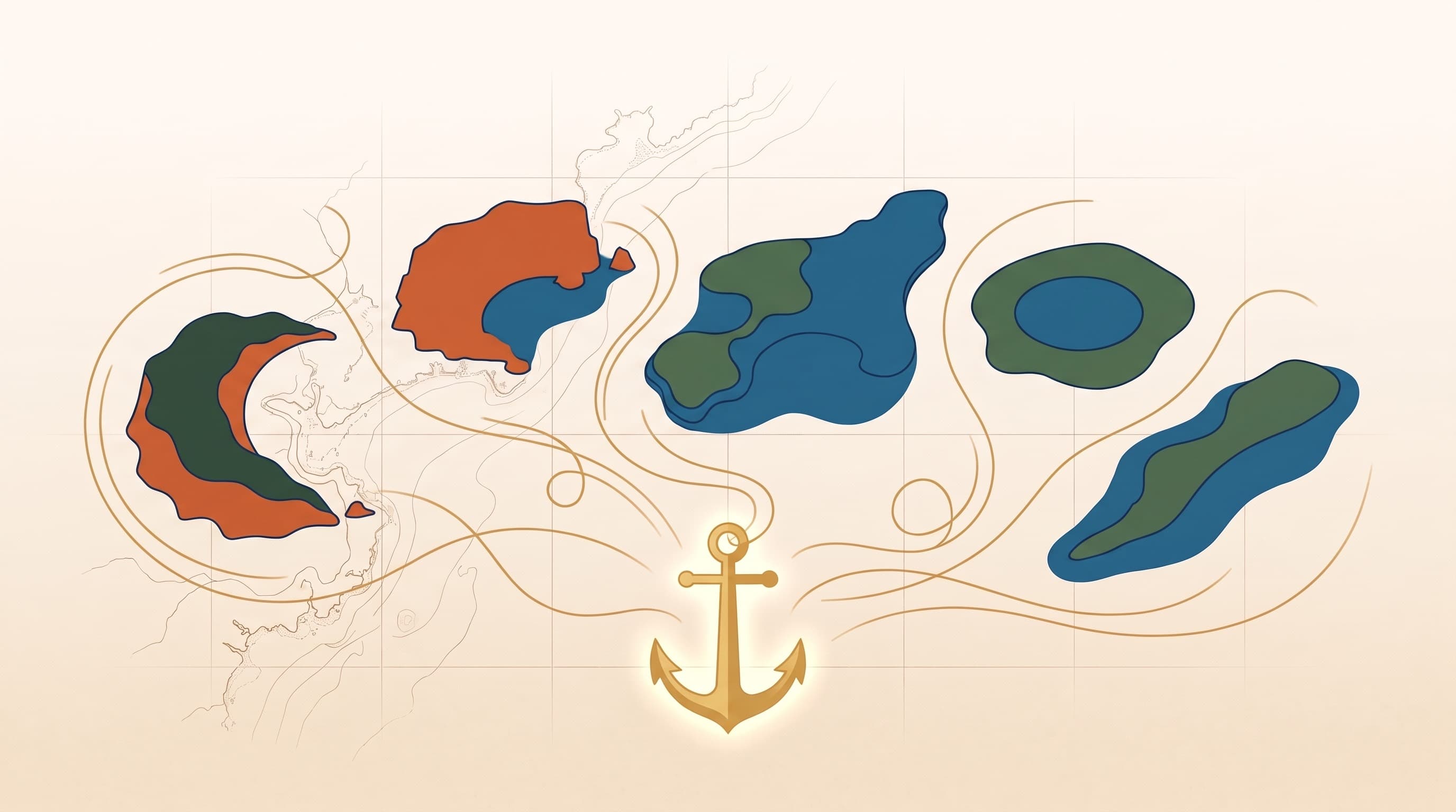 A flat-vector illustration on a warm parchment-cream field: five simple two-tone island shapes in terracotta, cypress green, and ocean blue with thin deep-blue outlines, spread in a row across the upper frame, with a single luminous golden anchor resting below them at center-bottom and thin golden current lines curving out from it across the whole composition, over a faint antique nautical chart of coastline contours and light grid lines concentrated on the left side.