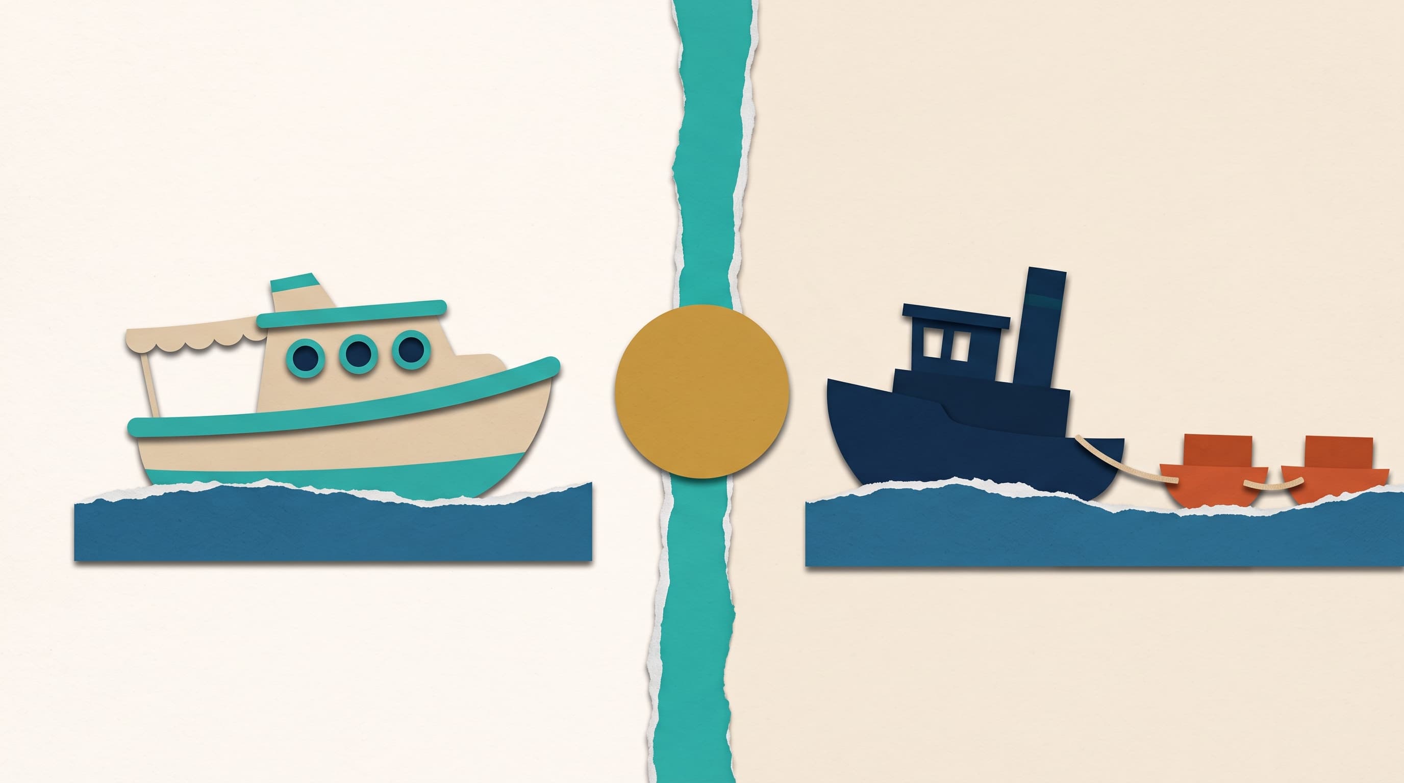 A layered cut-paper collage on a cream parchment field, split down the middle by a torn strip of teal paper. On the left, a rounded sand-and-teal cabin cruiser with three round portholes and a scalloped awning rests on a torn ocean-blue paper wave. On the right, a sturdy deep navy tugboat with a tall smokestack tows two small terracotta barges on a pale rope across its own wave. A single round golden paper disc sits at the center on the dividing strip, shared by both sides.