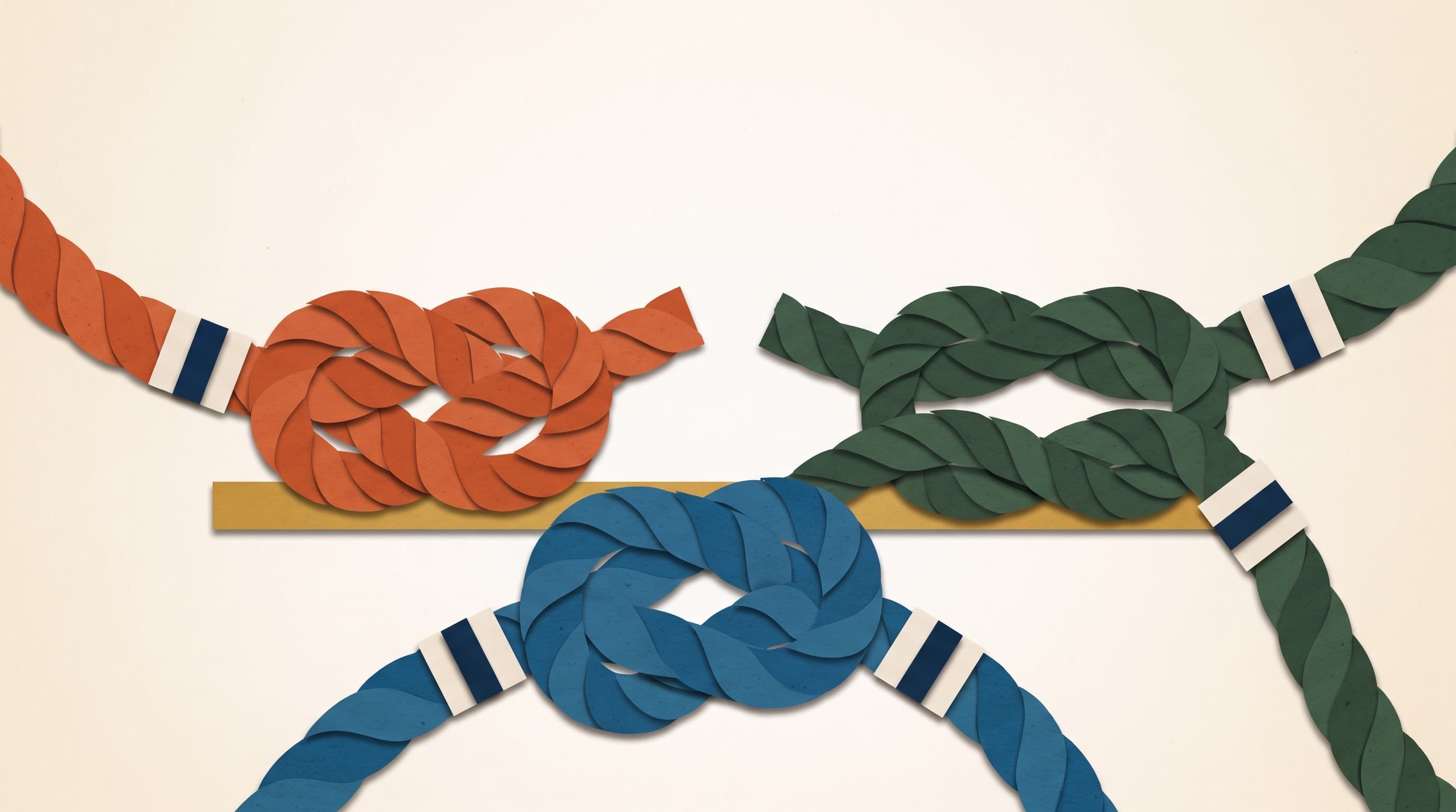 A layered cut-paper collage on a parchment cream paper field: three thick paper ropes run in from the left, bottom, and right edges of the frame, one terracotta, one ocean blue, and one cypress green, each banded with a sand-and-navy paper cuff, and each tied into its own separate knot near the centre. The three knots sit close together but never touch and never join to one another. A single narrow strip of golden paper lies flat beneath them, running horizontally across the middle of the frame. Every shape shows paper grain, crisp cut edges, and a soft short drop shadow.