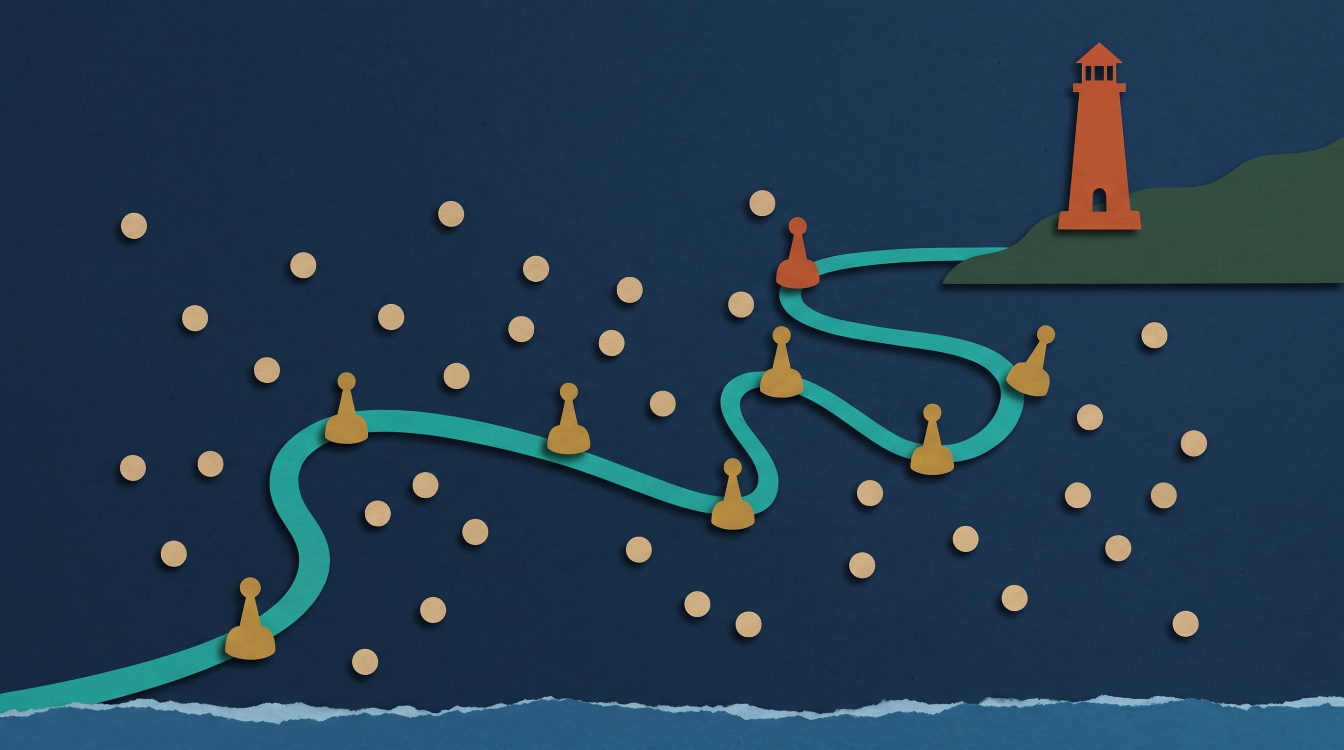 A layered cut-paper collage on a deep navy paper field: dozens of small round sand-colored paper dots scattered loosely across the frame, while a single winding teal paper ribbon threads through seven golden paper buoys from the lower left, past one terracotta buoy, to a terracotta paper lighthouse on a cypress green headland at upper right. A torn strip of ocean blue paper forms a wave along the bottom edge.