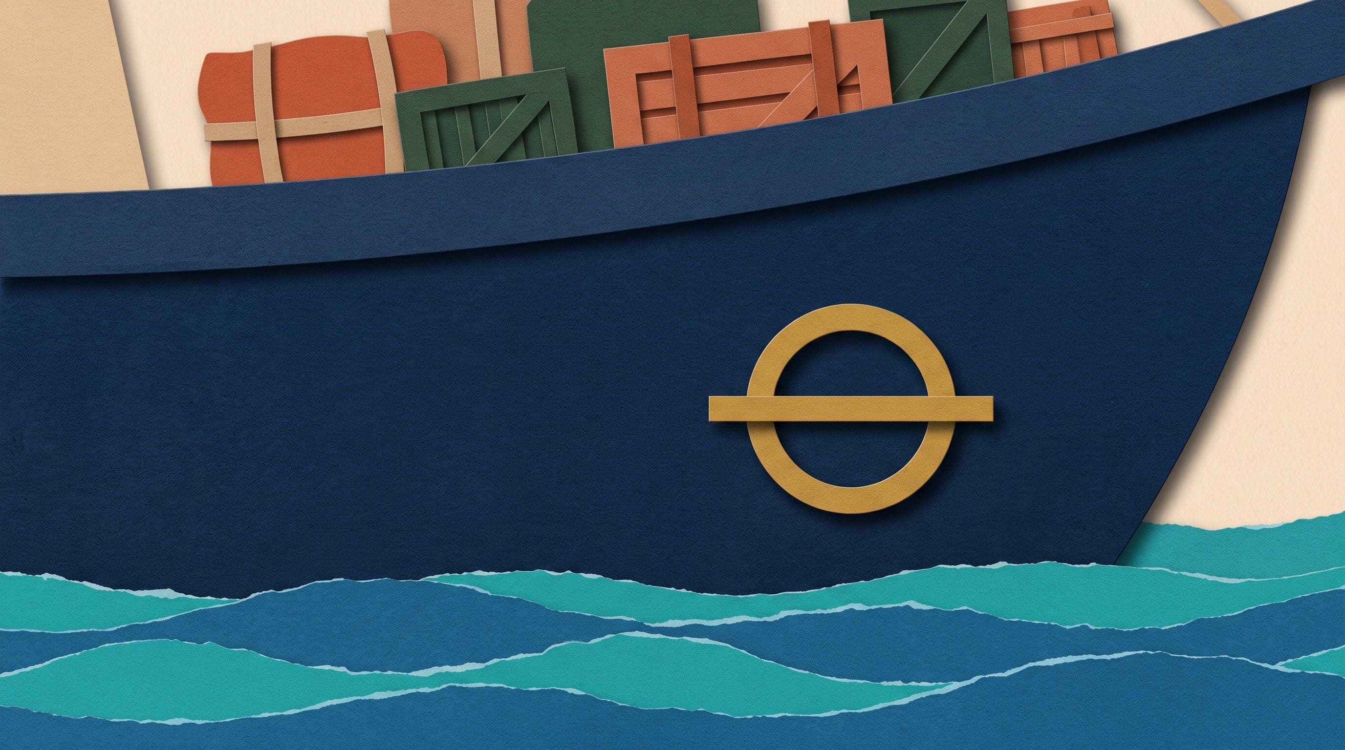 A layered cut-paper collage: the side of a deep navy paper ship's hull fills most of the frame against a warm sand paper background. Terracotta and cypress green paper crates and bales, tied with sand-colored straps, are stacked above the gunwale. Right of centre on the hull is a golden paper load-line mark, a ring with a single horizontal bar through it, and below it torn strips of teal and ocean-blue paper form layered waves along the bottom of the frame. Every shape shows paper grain and casts a soft short shadow.