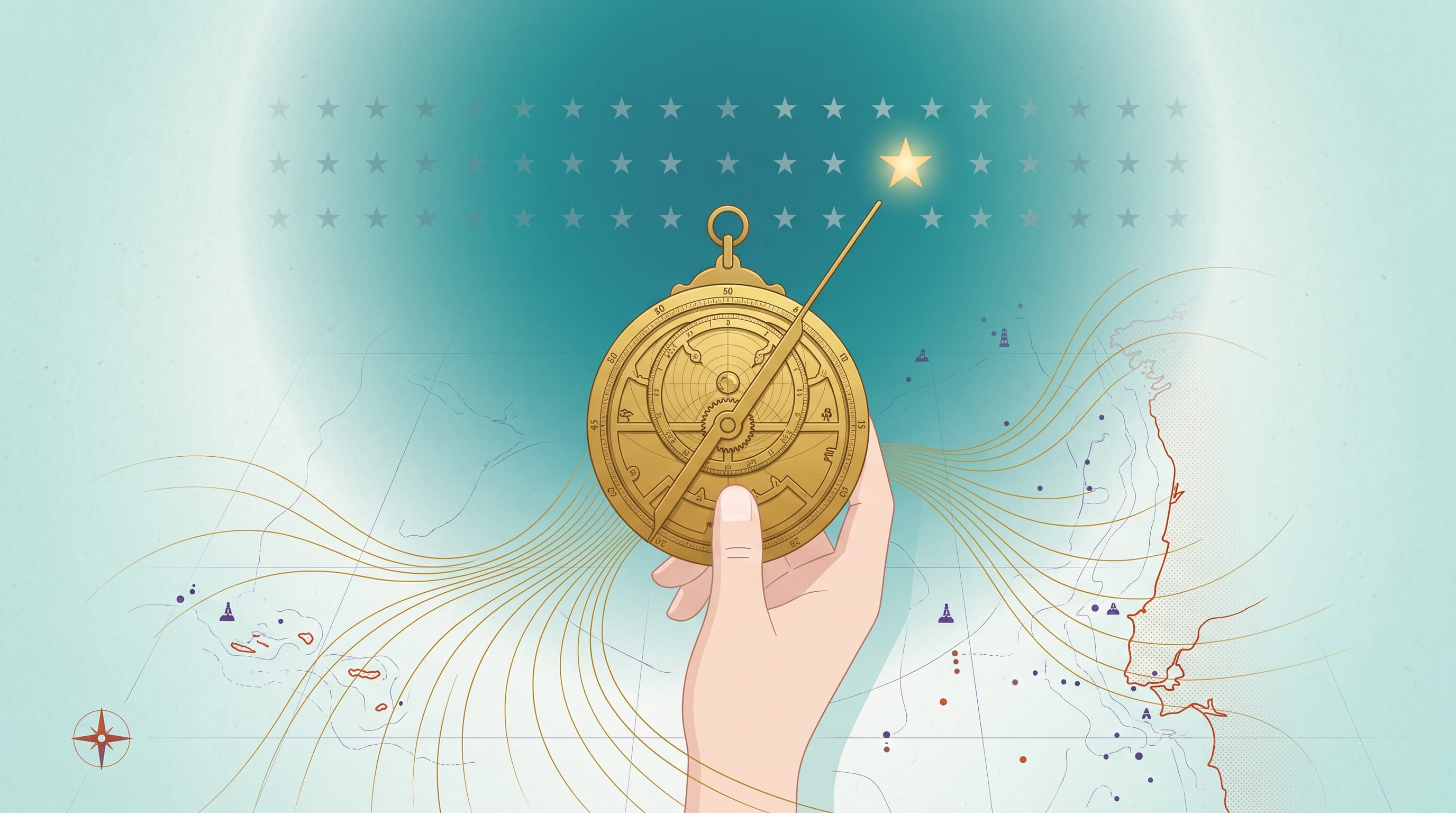 A flat-vector illustration on a seafoam-teal field: a hand holding a golden astrolabe over an antique nautical chart of the Portuguese coast, sighting a single luminous golden star among rows of faint grey stars, golden current lines flowing from the instrument across the chart.
