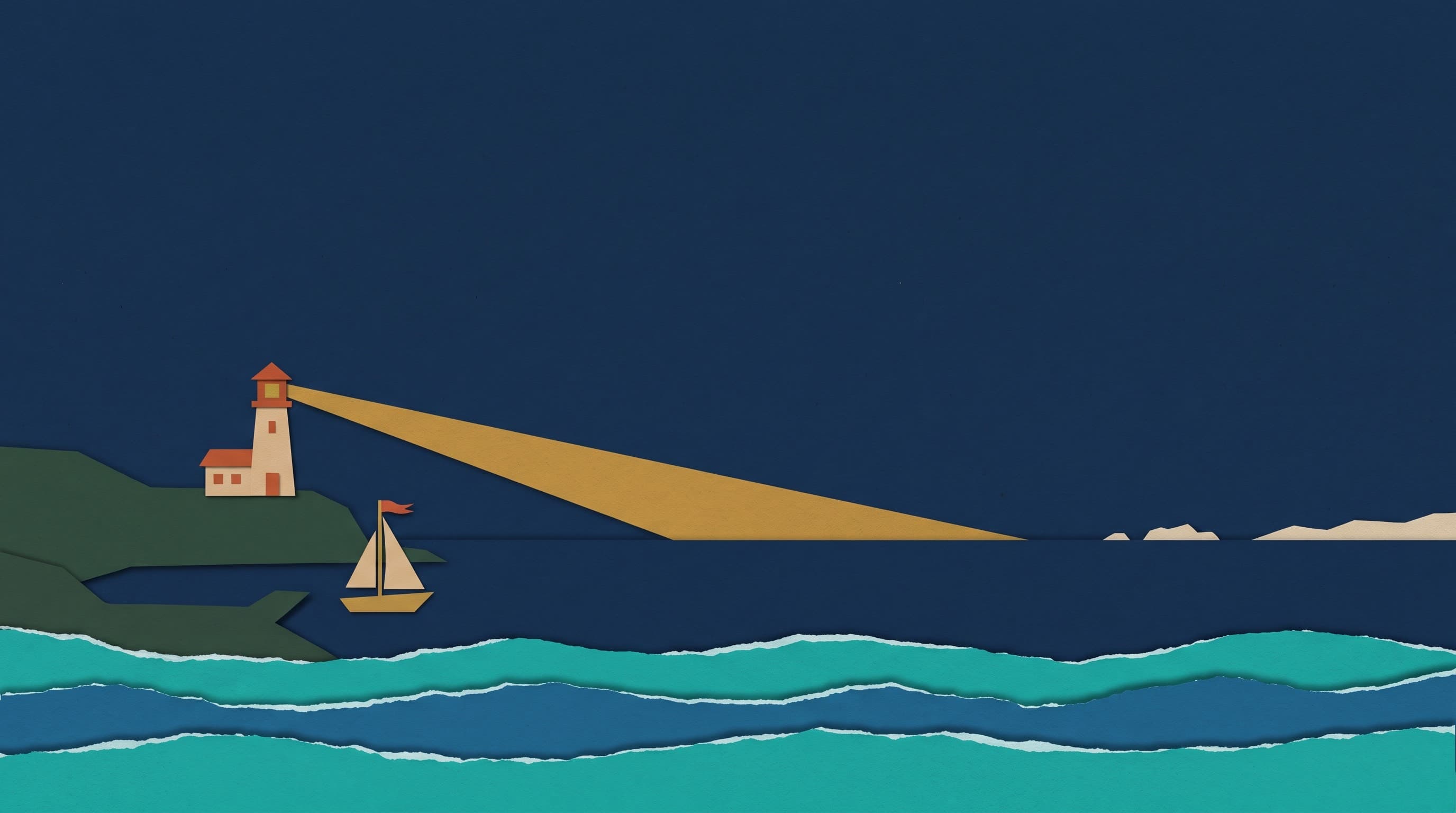 A layered cut-paper collage on a deep navy paper field: a wide, quiet vista at dusk. On a cypress green headland at left stands a sand and terracotta lighthouse beside a small keeper's cottage, its beam a long wedge of golden paper reaching across the sky toward the far horizon. Below it, a small sand-colored sailboat with a terracotta pennant sails out of the harbor on its own. Pale islands sit low on the horizon at right, and torn strips of teal and ocean-blue paper form layered waves along the bottom of the frame.