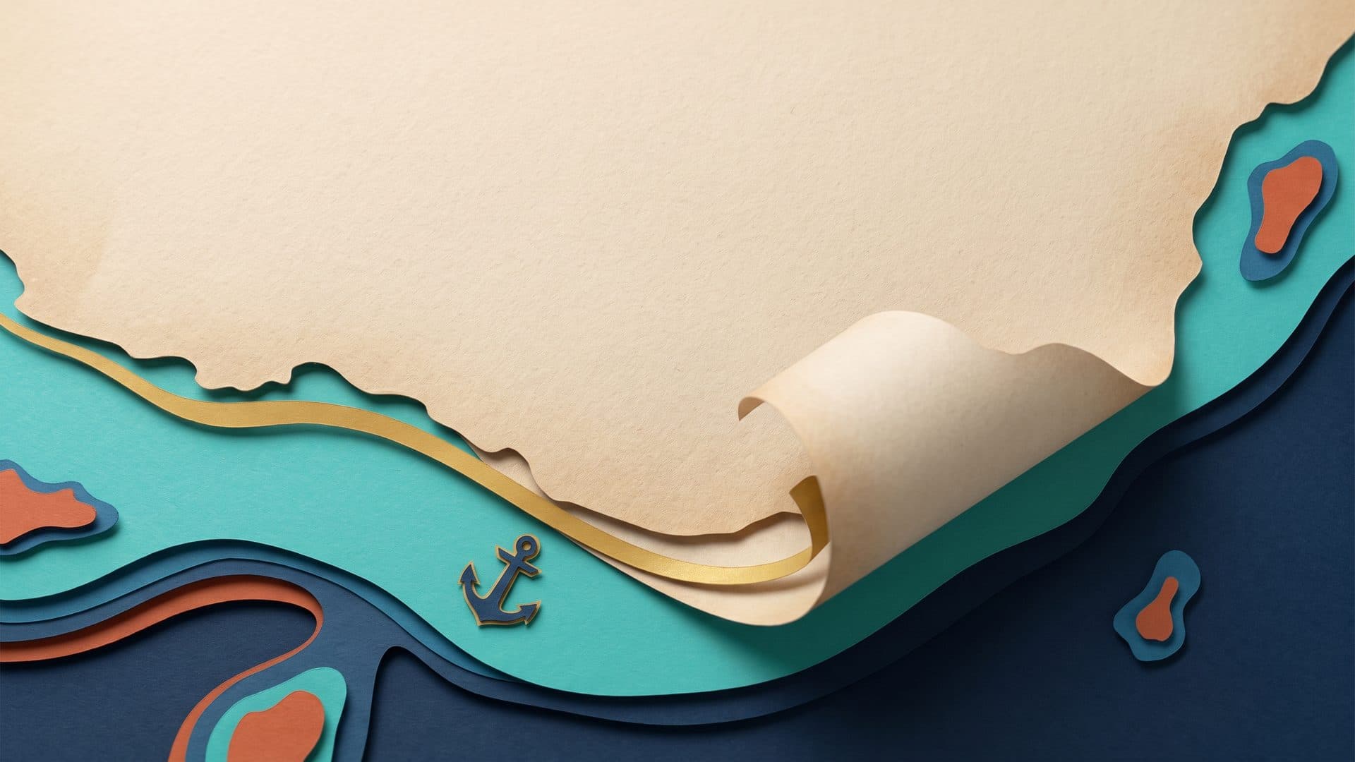 A layered cut-paper collage: an old sand-colored paper chart fills the frame, its lower-right corner curling up and peeling away to reveal a fresh teal and deep-navy chart beneath with a crisper coastline and a small navy paper anchor; a single golden paper ribbon runs along the seam between old and new, with terracotta and ocean-blue cut-paper islands at the edges.