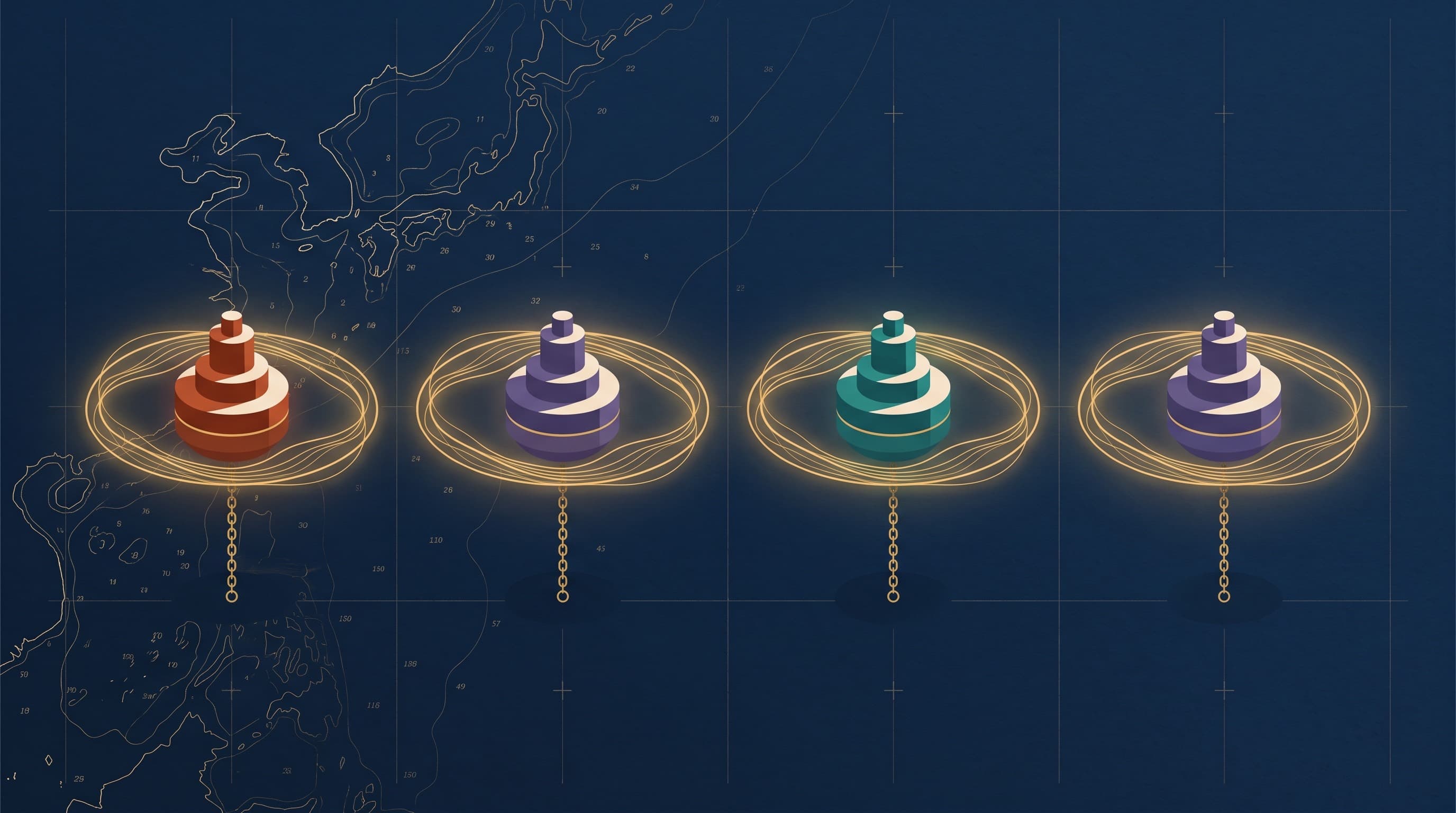 A flat-vector illustration on a deep navy field: four moored buoys in a row, in terracotta, muted violet, teal, and violet, each banded with a cream sash and each encircled by its own separate loop of glowing golden current lines that never reaches the buoy beside it. A thin gold chain drops from every buoy toward the seabed, over a faint antique nautical chart of coastline contours, depth soundings, and thin grid lines.