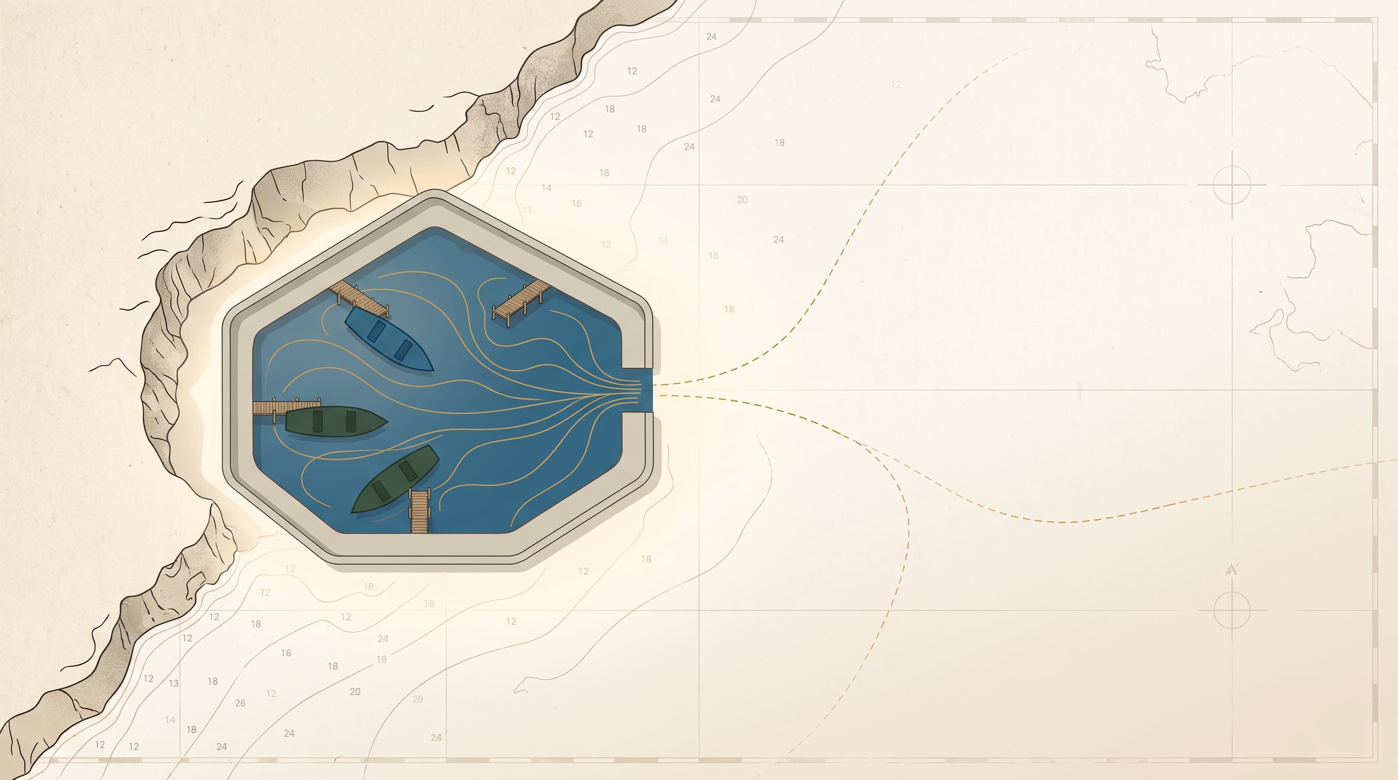 A flat-vector illustration on a parchment-cream field: an octagonal walled harbor set into a rocky coastline, holding three small boats at wooden jetties in ocean blue and deep cypress green. Golden current lines thread the blue water inside the harbor and converge at its narrow mouth, where they turn into faint dashed routes that trail off across an antique nautical chart of coastline contours, grid lines, and depth soundings.