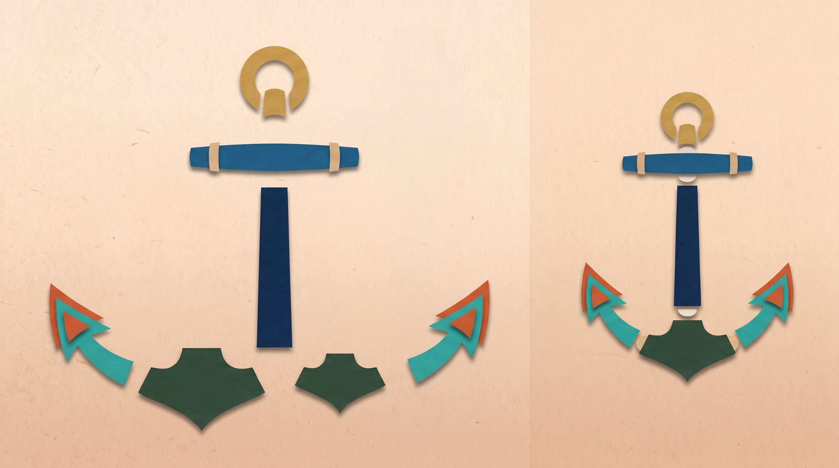 A layered cut-paper collage on a warm sand paper field, split into two panels. On the left, the separate paper pieces of a ship's anchor lie apart from one another with open space between them: a golden ring, an ocean-blue stock banded in sand, a deep navy shank, two cypress-green crown pieces, and two flukes cut in teal over terracotta. On the right, the same pieces are assembled into one complete upright anchor. Every shape shows paper grain and casts a soft short shadow on the background.