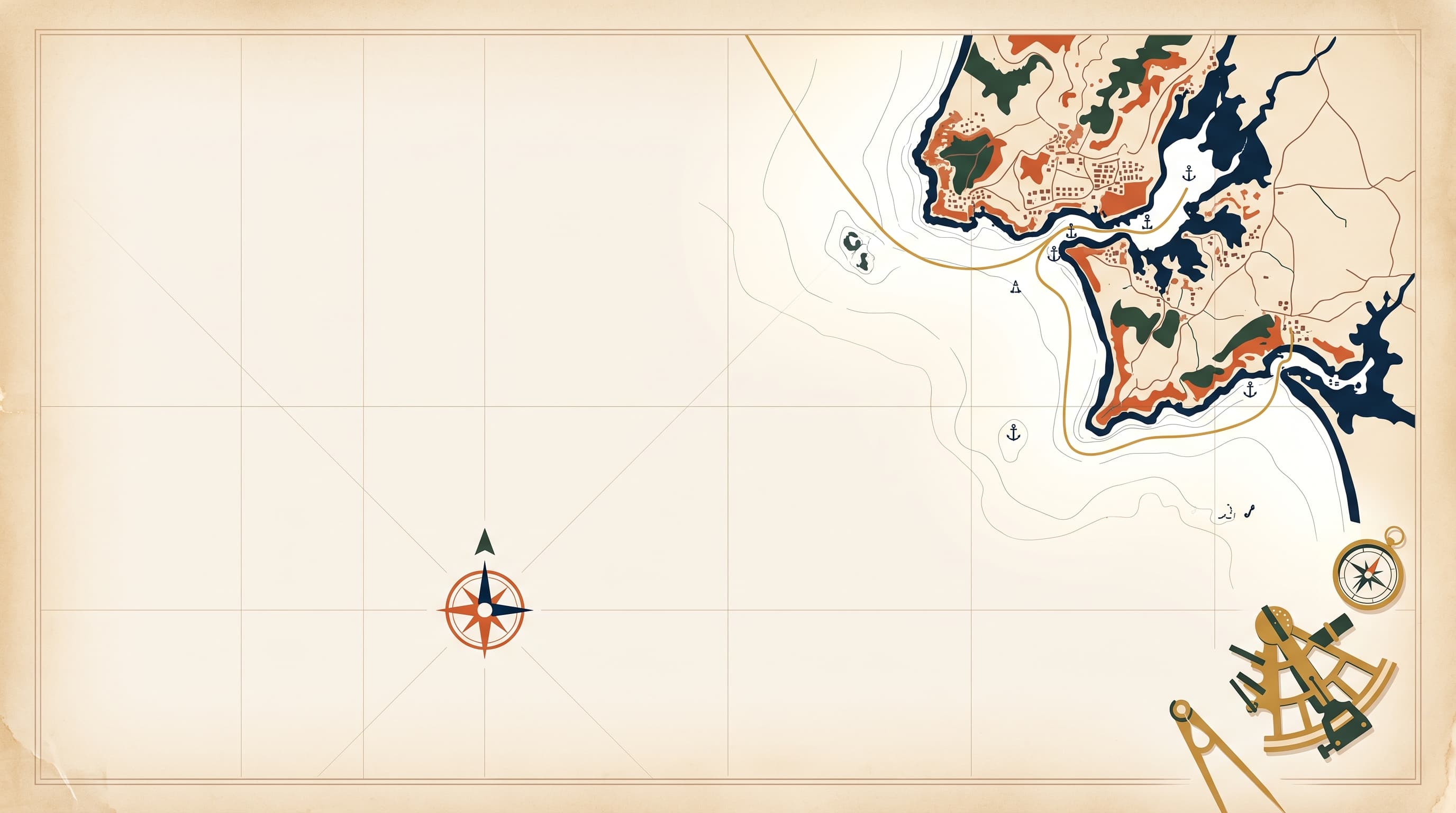A flat-vector illustration of an antique nautical chart on parchment, one corner richly mapped in terracotta, cypress green, and navy with a golden route threading the coast, the rest of the chart still blank, a small compass rose mid-field and a golden sextant resting at the chart's edge.