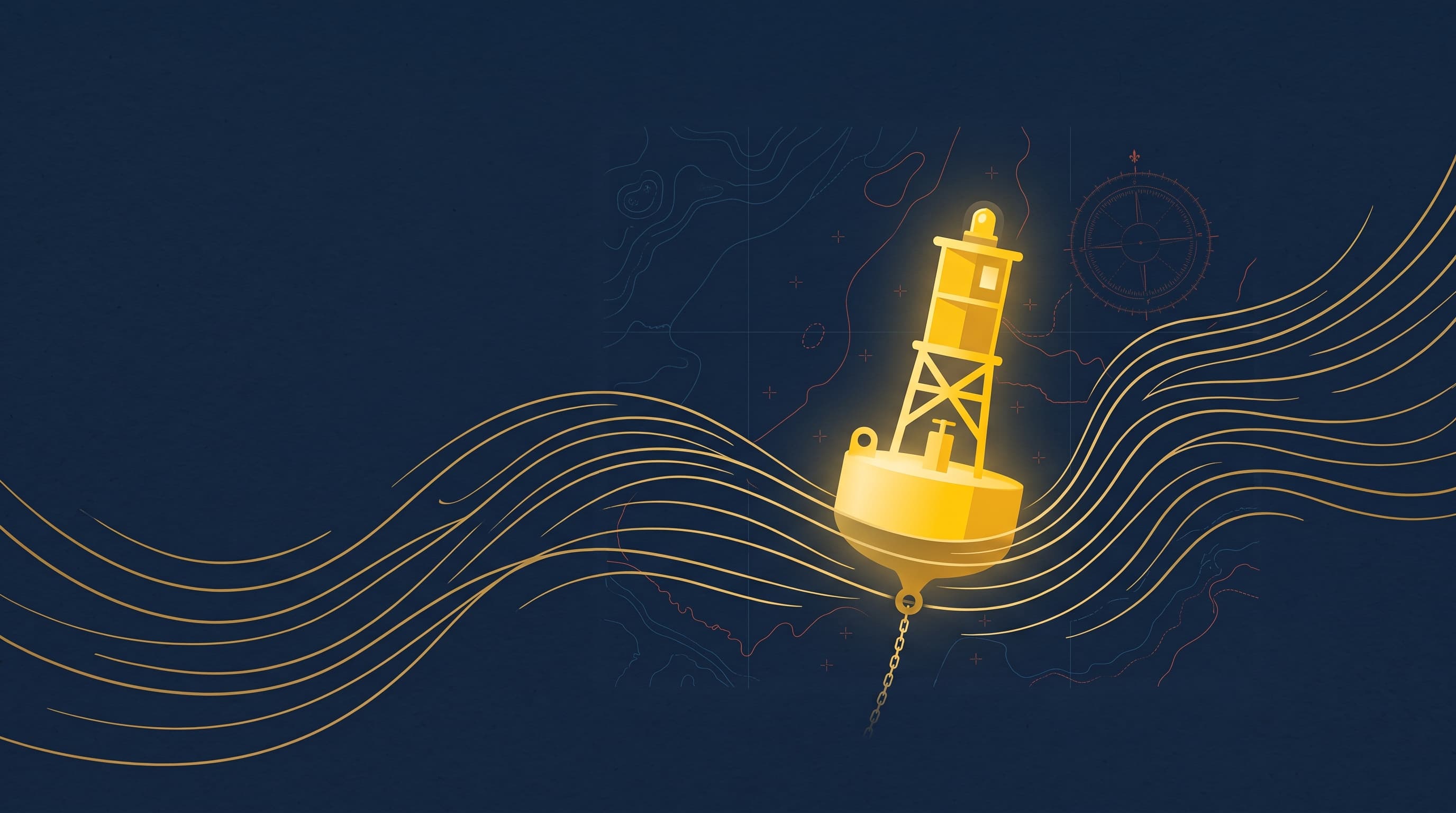 A flat-vector illustration on a deep navy field: a single luminous golden channel buoy anchored right of center with its chain descending below, broad bands of thin golden current lines streaming horizontally past it, and a faint antique nautical chart behind showing terracotta and ocean-blue depth contours and a compass rose.