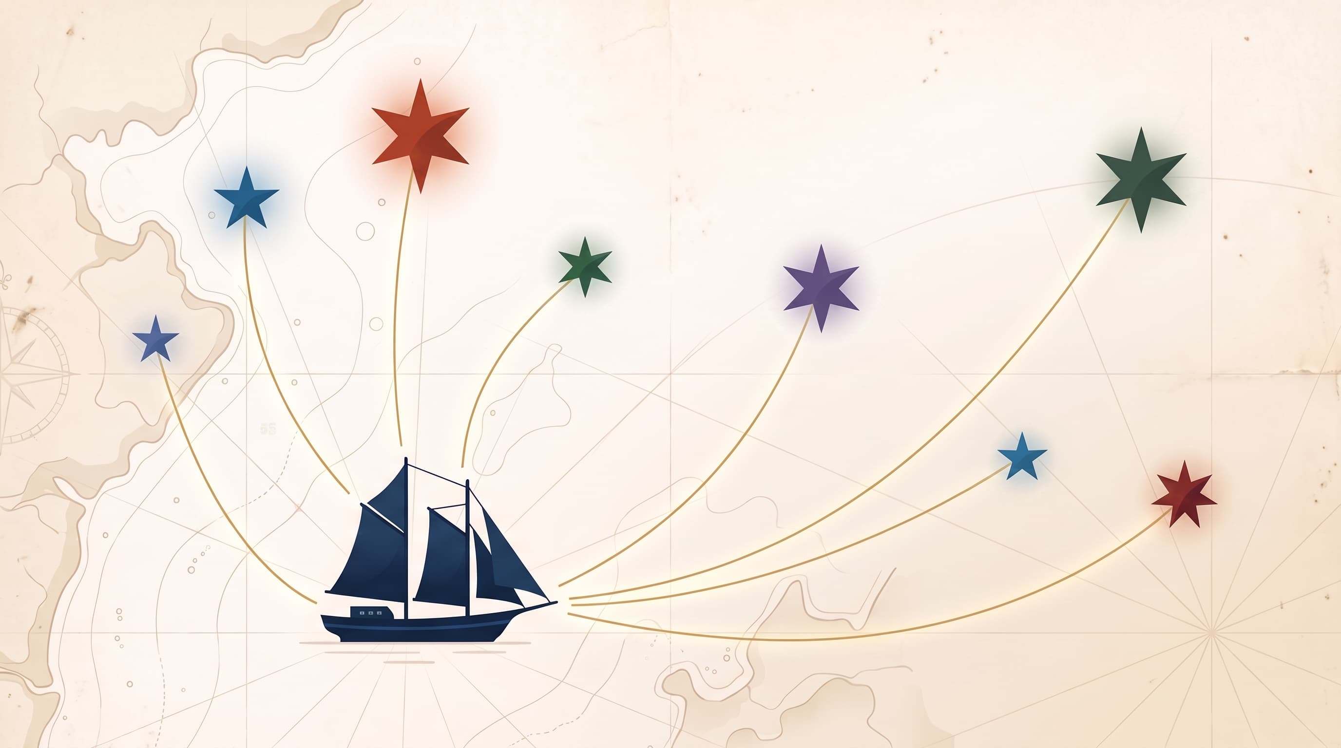 A flat-vector illustration on a warm parchment aged-map field: a navy sailing ship sits at lower center-left, with eight scattered navigational stars in terracotta, ocean blue, cypress green, violet, and deep red arranged around and above it, each joined back to the ship by a single thin, gracefully curving golden sight-line, over a faint antique nautical chart of coastline contours, depth contours, a compass rose, and thin grid lines.