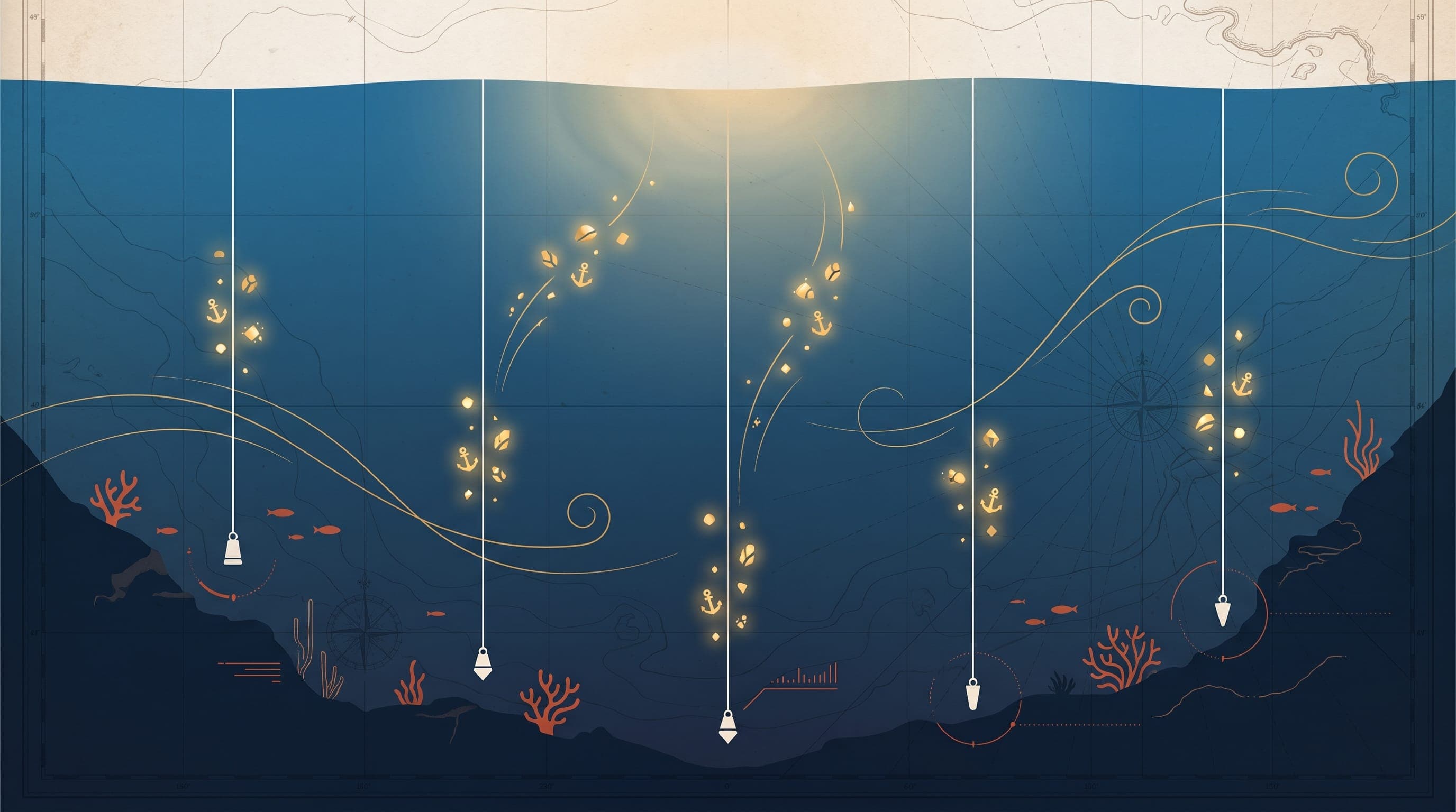 A flat-vector illustration of depth-sounding lines dropping into deep ocean water, drawing small luminous golden findings up toward the surface light across a faint antique nautical chart.