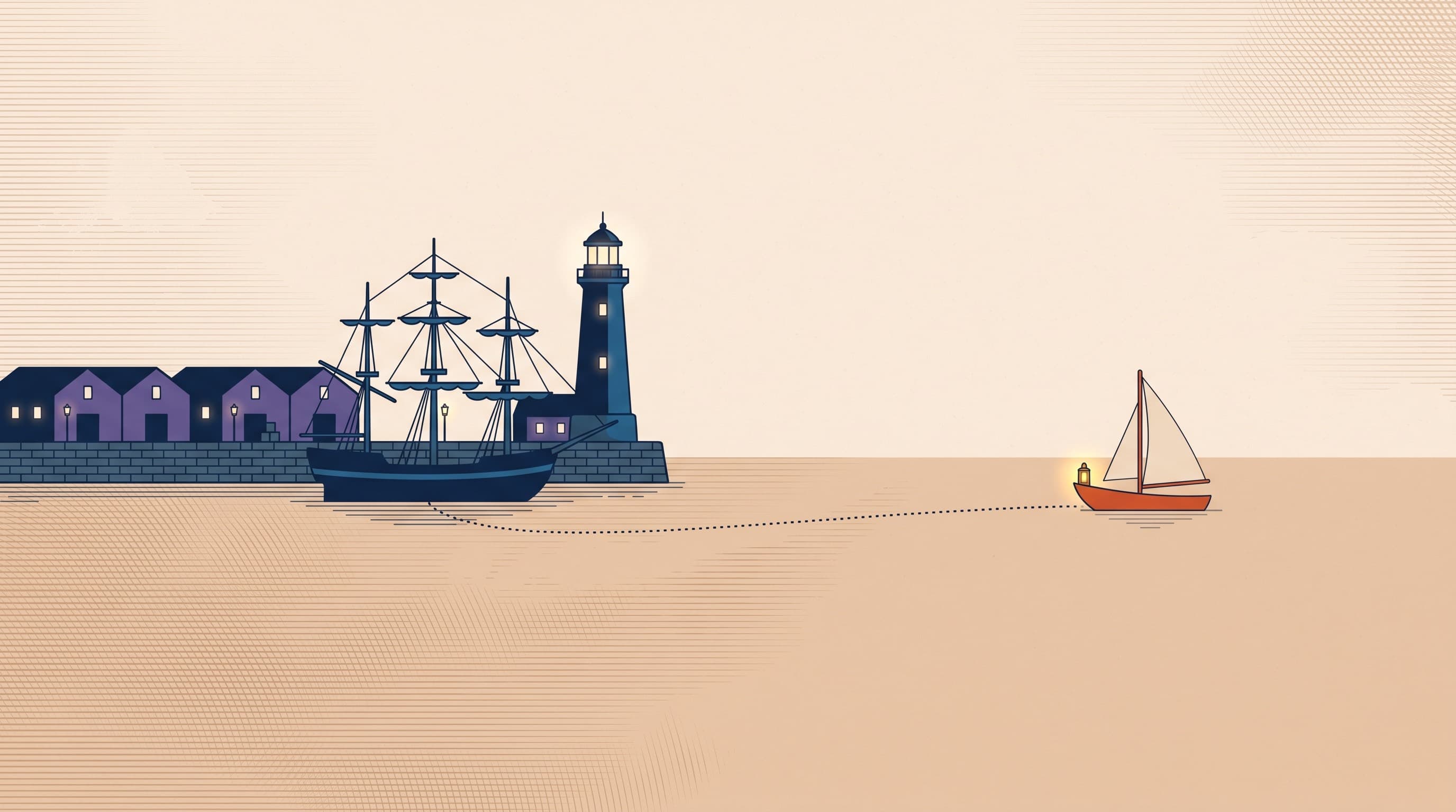 A flat-vector illustration on a warm sand field shaded with fine engraved hatch lines. On the left, a stone harbor quay is lined with violet and deep navy warehouses, their windows softly lit, beside a tall navy lighthouse glowing at its top and a large three-masted navy ship moored alongside. Far out on the open water to the right, one small terracotta sailboat with a sand-colored sail carries a single glowing golden lantern at its bow, joined back to the harbor by a thin dotted navy route line across a calm horizon.