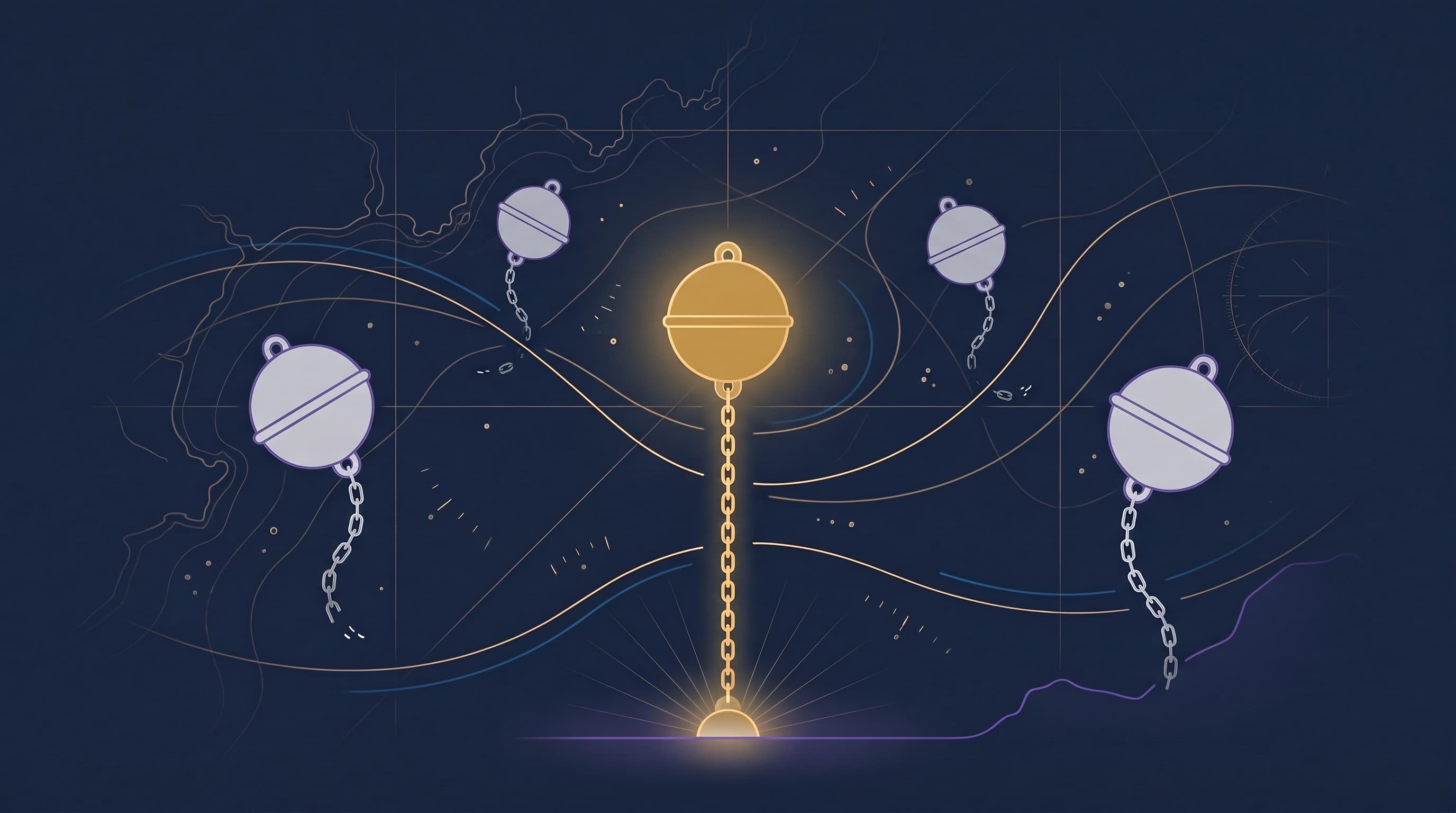 A flat-vector illustration on a deep navy field: one luminous golden mooring buoy at center, held on station by a taut golden chain running down to a small glowing weight on the seabed, while four pale grey buoys with violet bands drift at varied heights around it, each trailing a short broken chain that connects to nothing, over a faint antique nautical chart of coastline contours, thin grid lines, scattered dots and tick marks, and a pale compass rose at the right edge, with thin golden current lines and ocean-blue accents threading the composition.